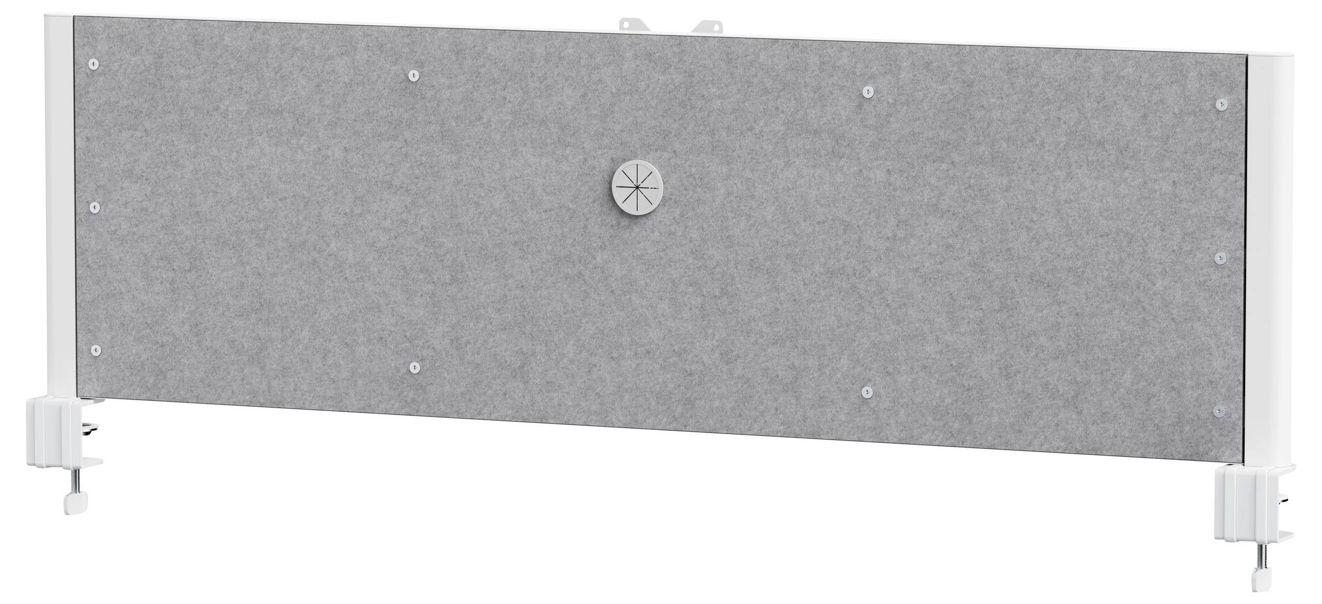 Ein grauer Akustik-Schreibtisch-Trennstellwand mit einem kreisförmigen Designelement in der Mitte und weißen Halterungen an beiden Seiten zur Befestigung.