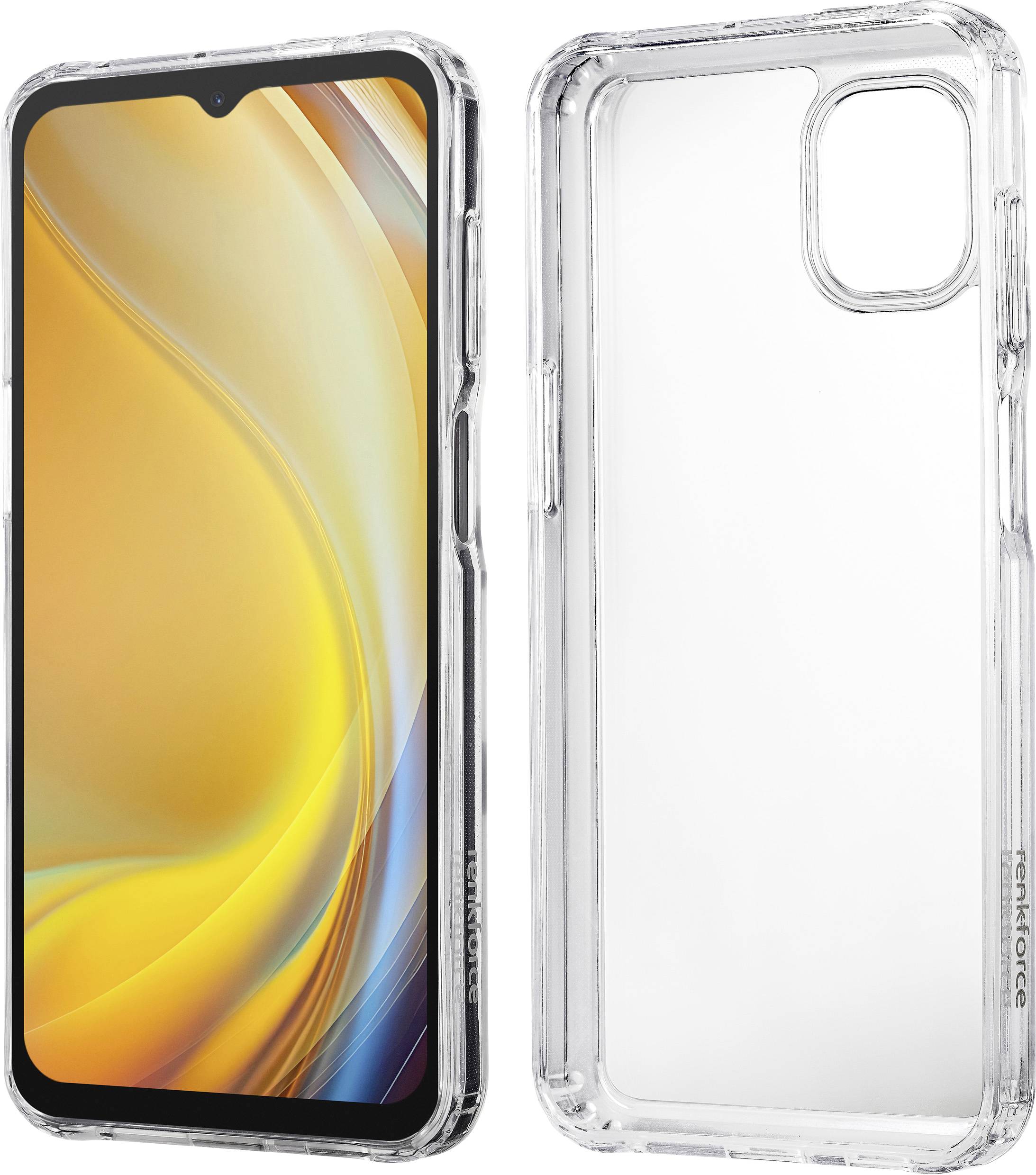 Zwei Smartphones in transparenten Hüllen; eines zeigt einen leuchtend gelben Bildschirm, das andere präsentiert die Rückseite und hebt die Kamerapositionierung hervor.