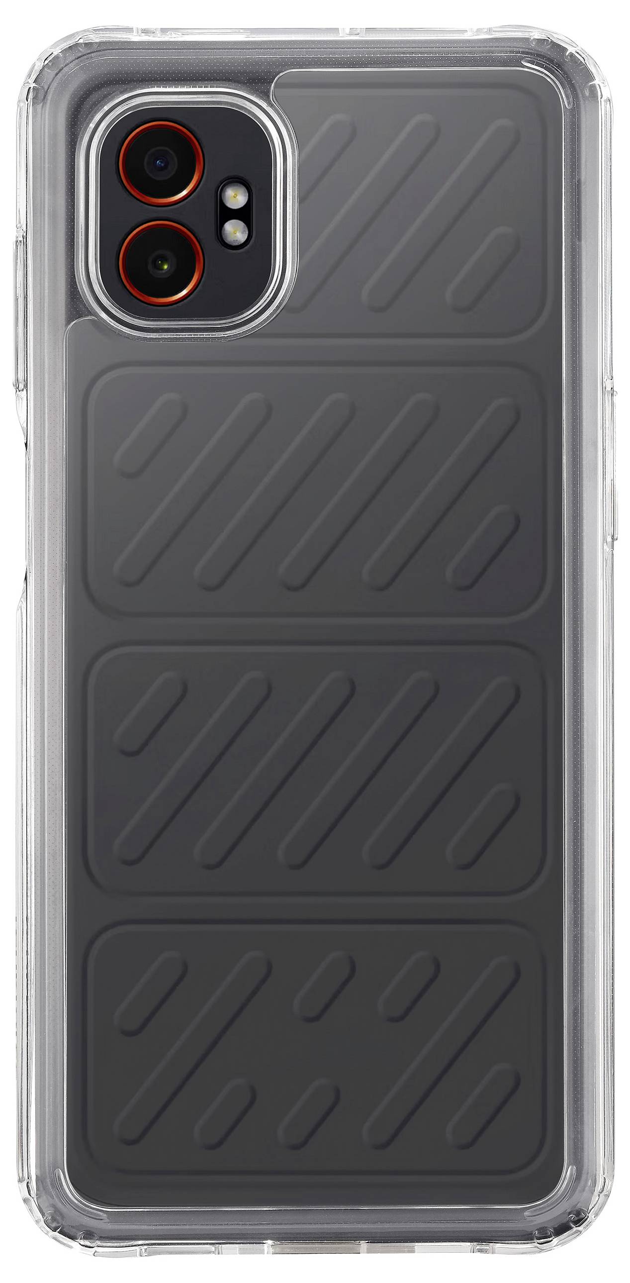 Eine schwarze Smartphone-Hülle mit diagonalem Linienmuster, entwickelt zum Schutz der Rückseite. Die Hülle verfügt über zwei Kamera-Ausschnitte mit roten Akzenten.