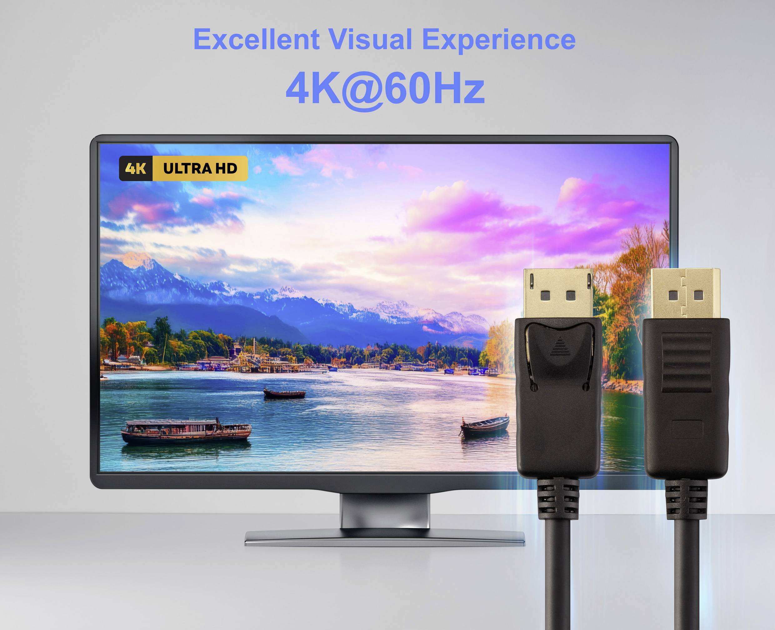 Ein Monitor zeigt eine lebendige Landschaft mit See und Bergen, gekennzeichnet mit '4K ULTRA HD', mit zwei HDMI-Kabeln im Vordergrund. Text: 'Hervorragendes Seherlebnis 4K@60Hz.'