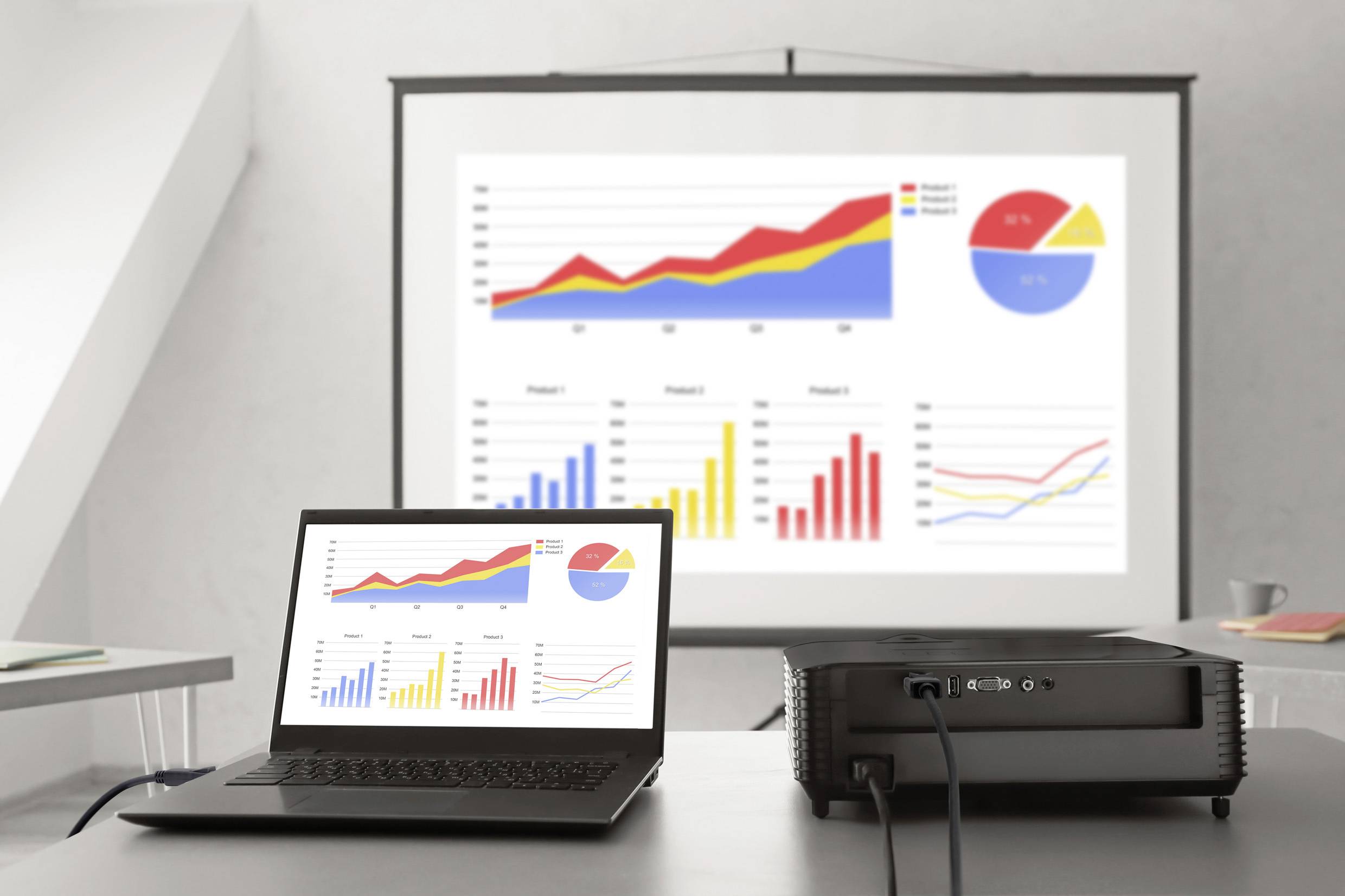 Ein Laptop und ein Projektor zeigen bunte Diagramme und Grafiken, die Datentrends für drei Projekte darstellen, einschließlich Linien-, Balken- und Kreisdiagrammen.
