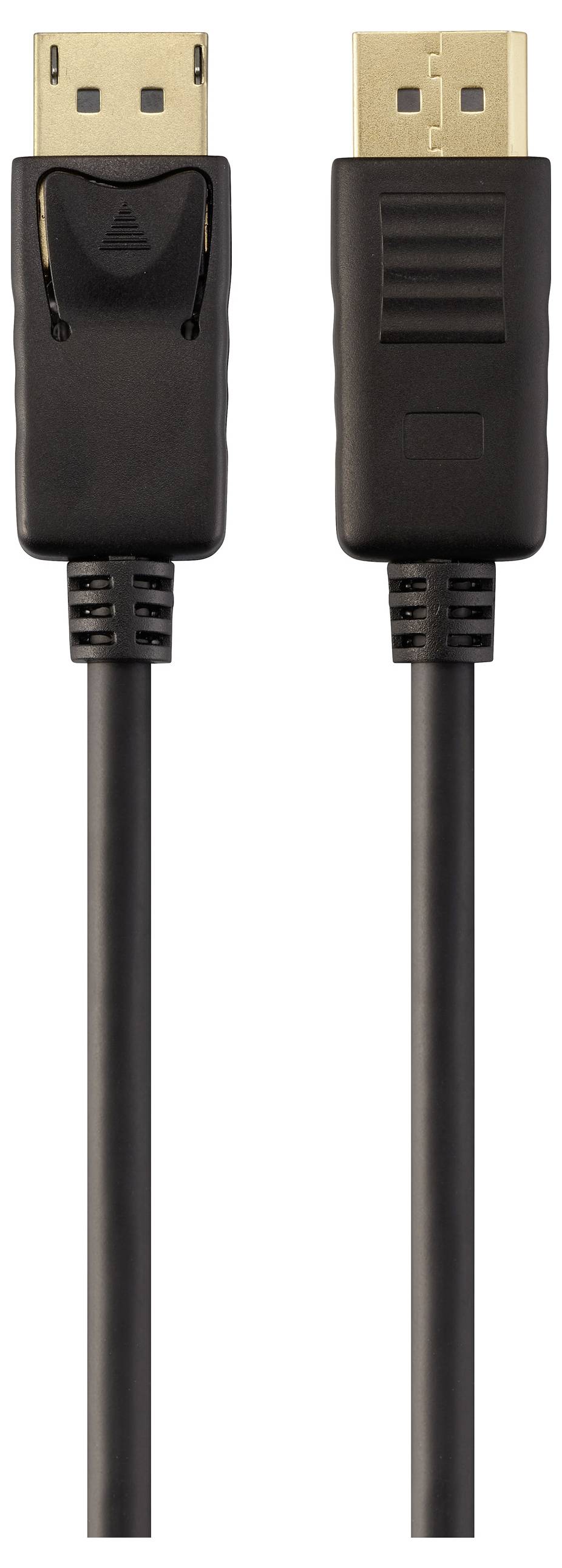 Zwei schwarze DisplayPort-Kabel mit goldenen Anschlüssen, die zum Übertragen von Video- und Audiosignalen von einem Computer zu einem Anzeigergerät verwendet werden.