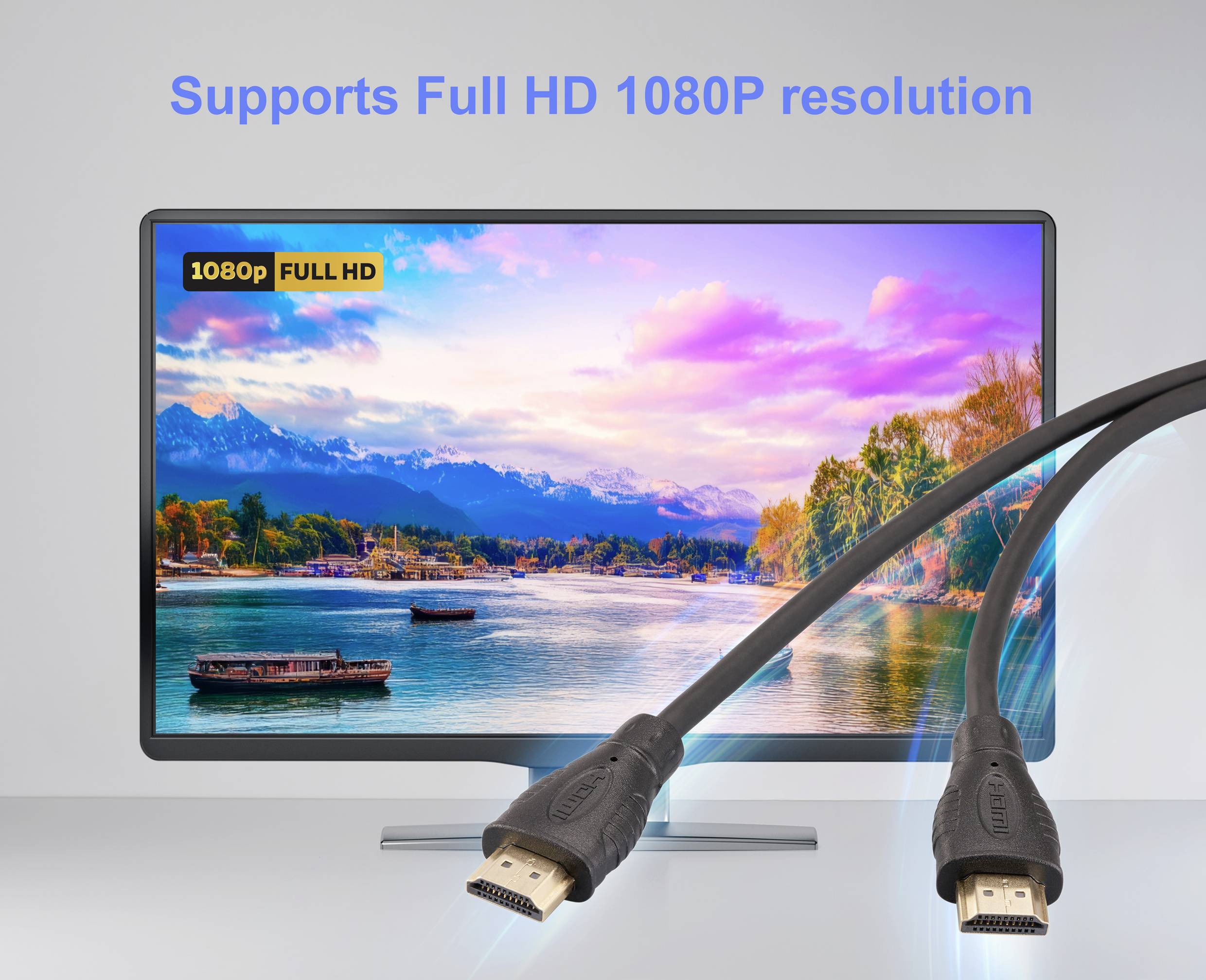 Ein Fernseher, der eine lebendige Landschaft mit Bergen und See zeigt, mit der Beschriftung '1080P FULL HD', neben einem HDMI-Kabel, was die Unterstützung von Full HD signalisiert.