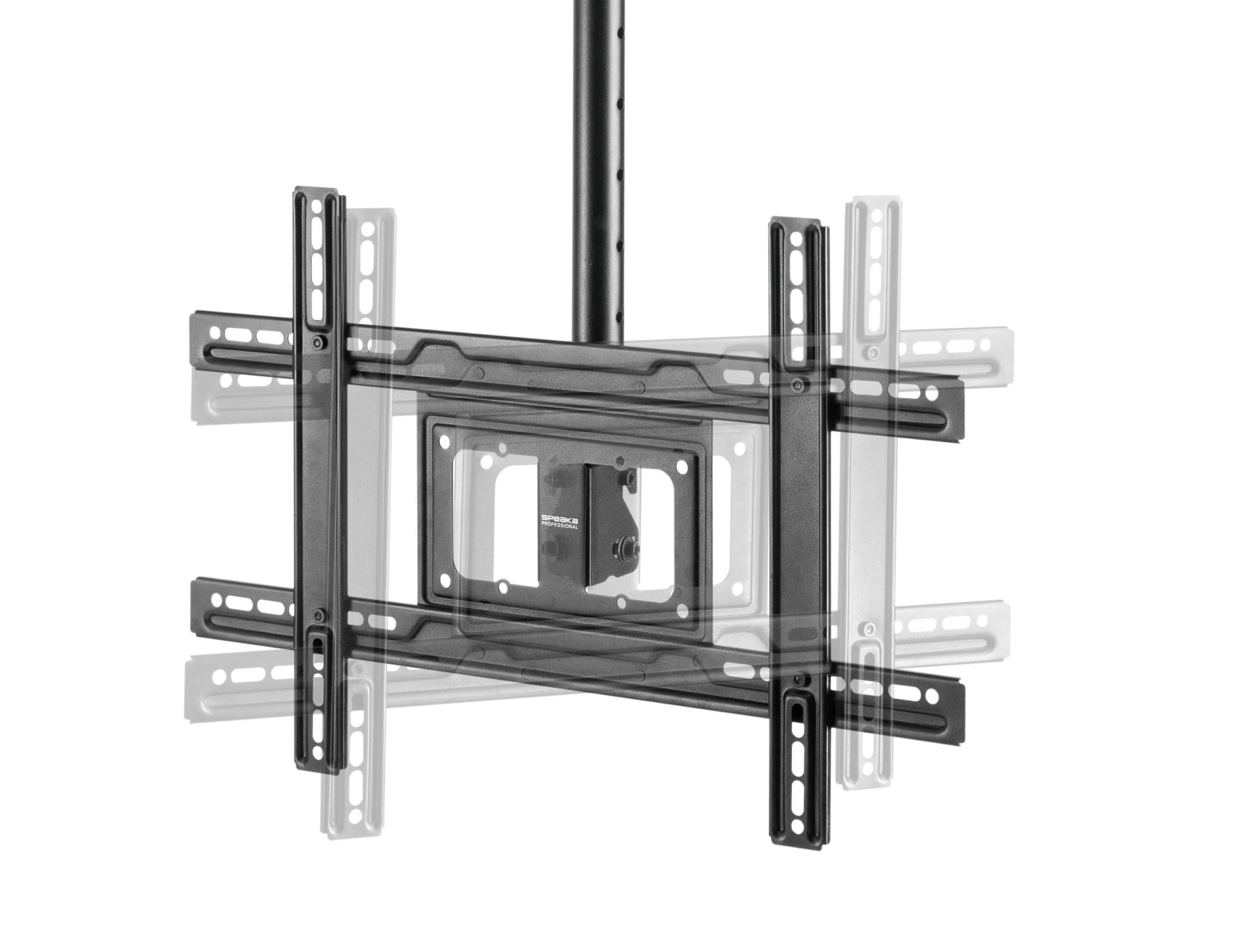 Eine kippbare TV-Deckenhalterung, die verschiedene Neigungswinkel für optimale Sichtbarkeit zeigt, mit sichtbaren Befestigungsklammern und Stützstange.