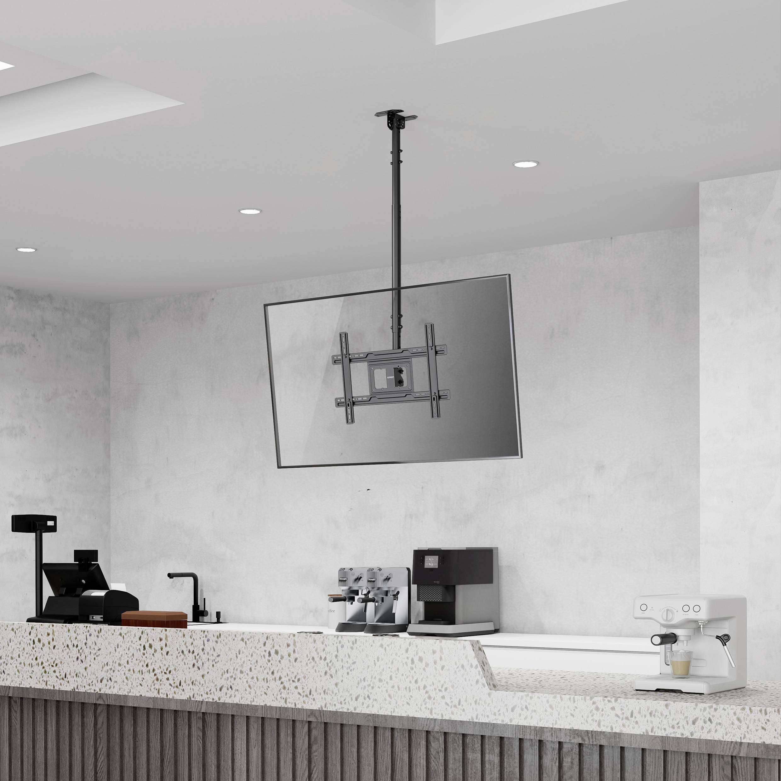 Theke eines modernen Cafés mit Registrierkasse, Espressomaschine und Anzeigetafel, vor einem minimalistischen Designhintergrund.