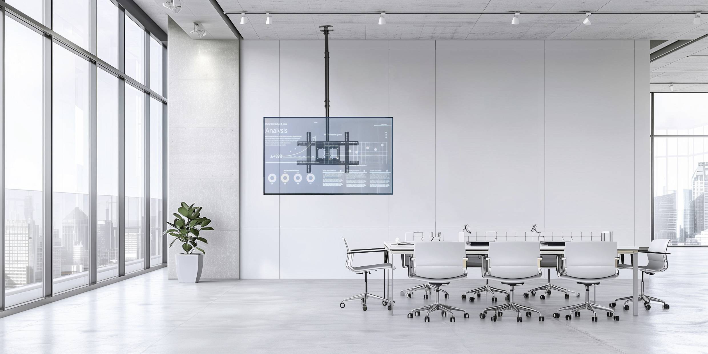 Ein moderner Konferenzraum mit einem großen Fenster, einem Besprechungstisch, weißen Stühlen, einer wandmontierten Leinwand mit einem Diagramm und einer Topfpflanze.