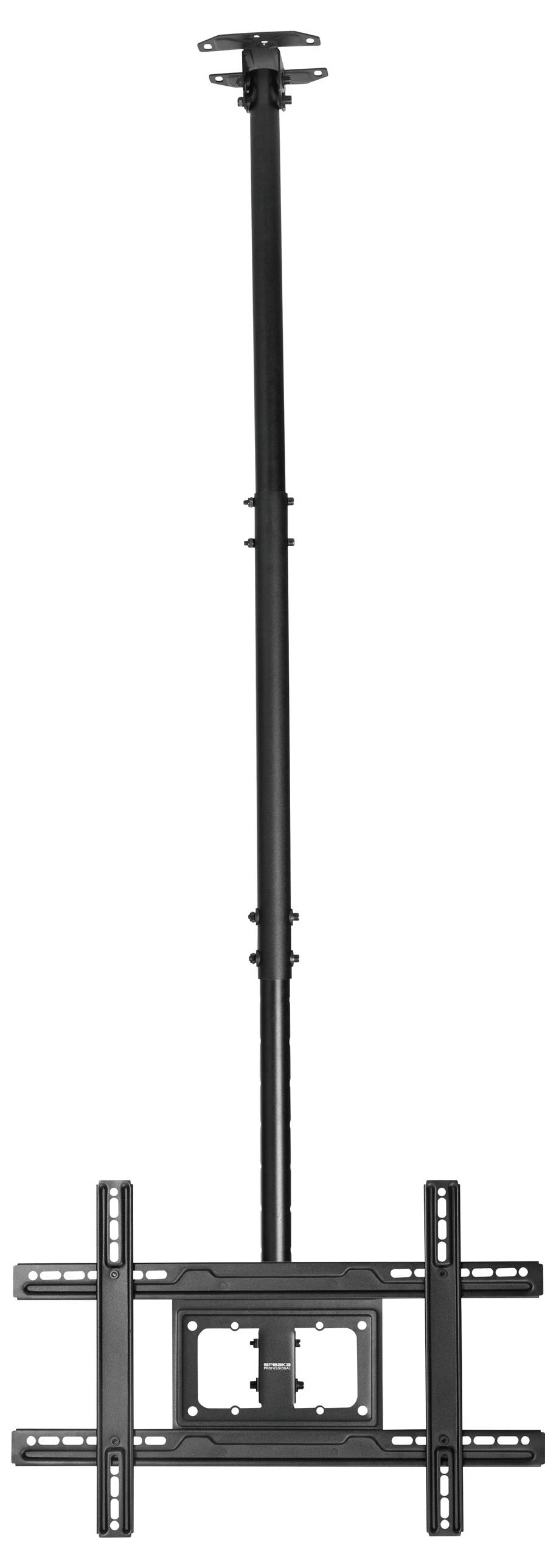 Eine schwarze, höhenverstellbare Decken-TV-Halterung mit einer langen vertikalen Stange und einem neigbaren Haltearm für große Flachbildschirm-Fernseher, konzipiert für hohe Decken.