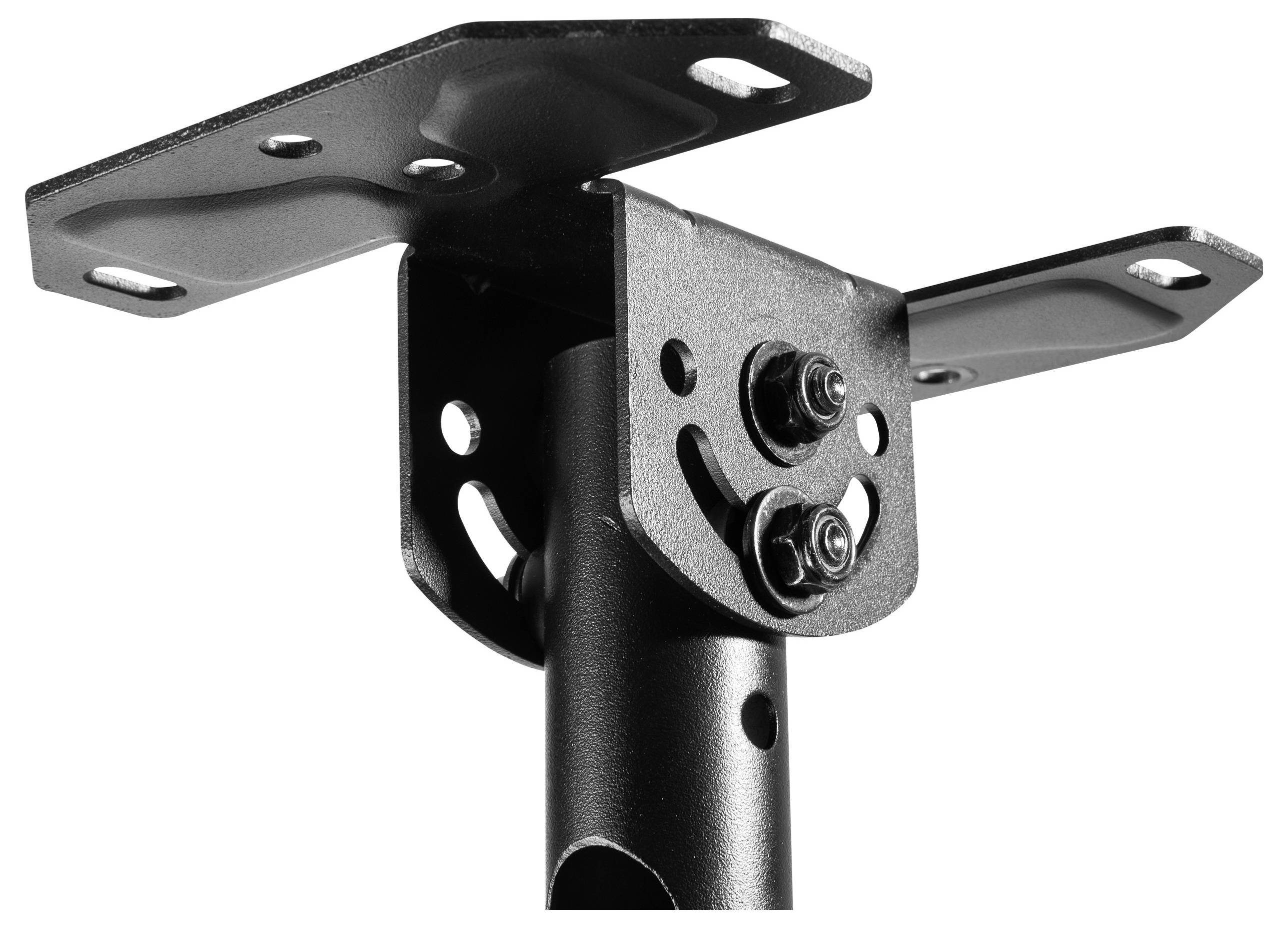 Eine schwarze Metallhalterung mit zwei Platten, einer oben und einer unten, die durch einen zylindrischen Stab miteinander verbunden sind. Wird zur Befestigung oder Unterstützung verwendet.