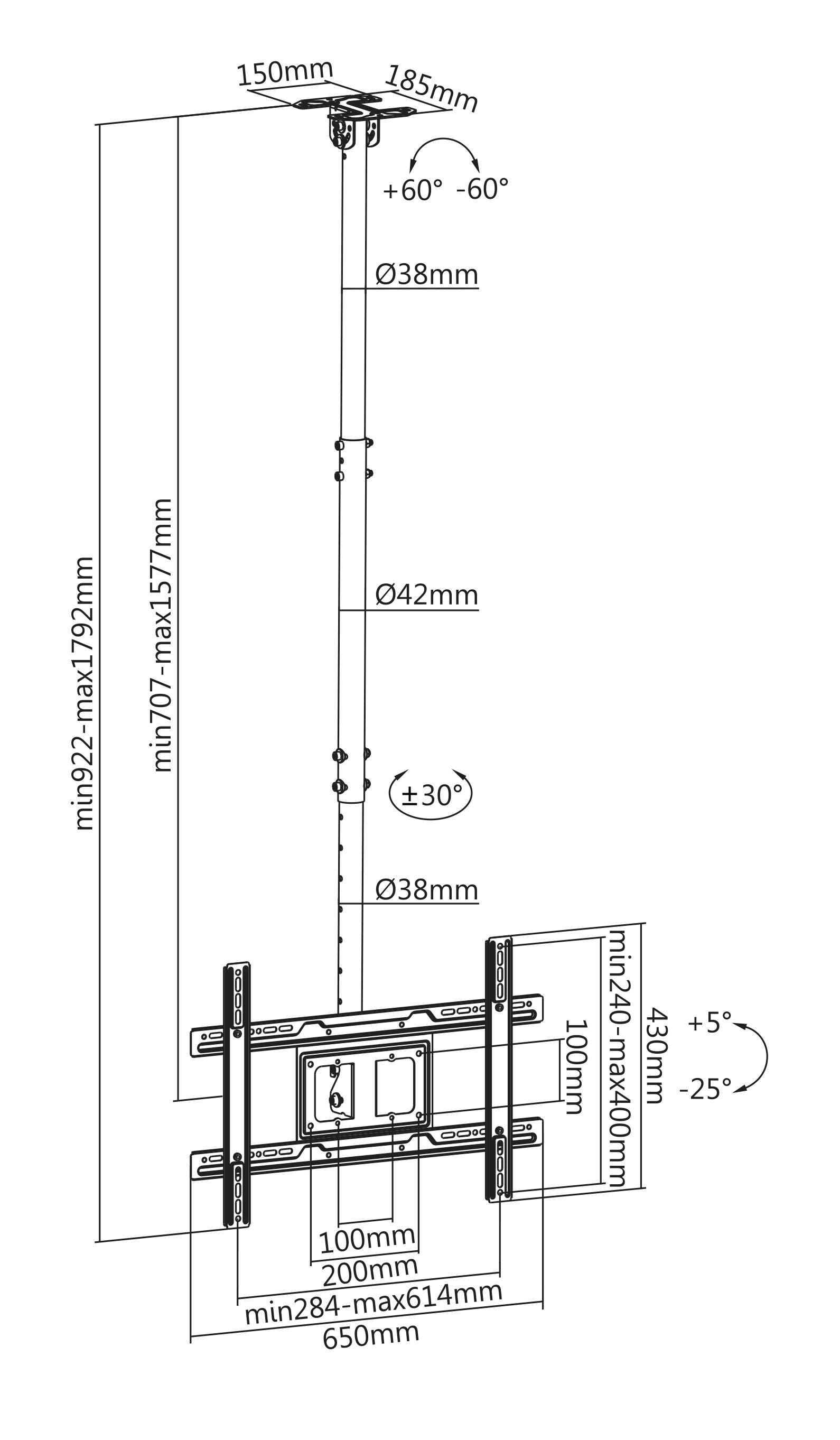 Eine Skizze, die die Abmessungen einer verstellbaren Deckenhalterung für einen Fernseher zeigt: Höhenverstellung von 707-1792 mm, Winkeleinstellungen von +60 bis -60 Grad und +30 bis -30 Grad.