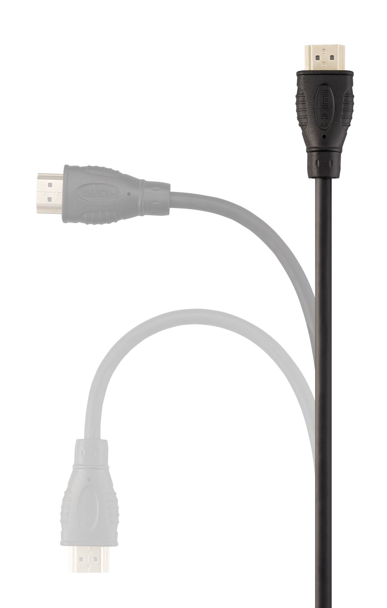 Ein schwarzes HDMI-Kabel mit zwei Anschlüssen, wobei einer in voller Farbe hervorgehoben und der andere blass dargestellt ist, was die Flexibilität andeutet.