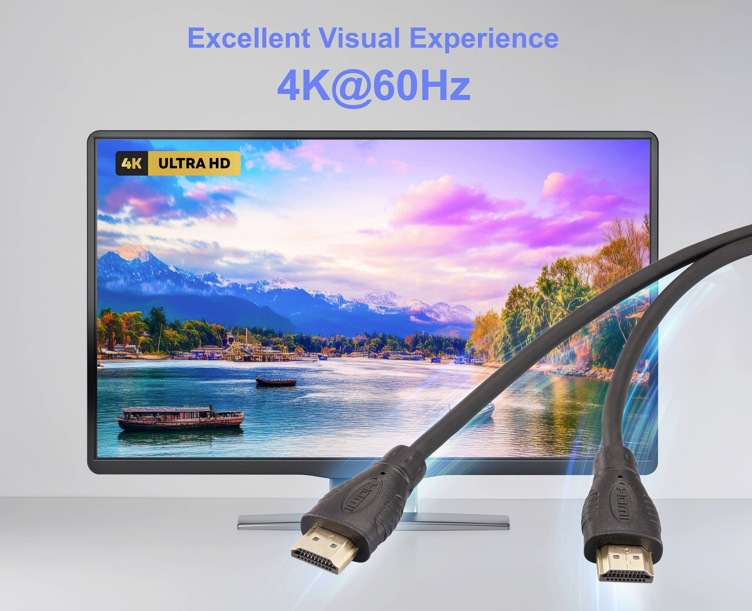 Ein TV-Bildschirm, der einen malerischen See und Berge zeigt, mit der Beschriftung '4K ULTRA HD.' Davor liegen zwei HDMI-Kabel, und der Text lautet 'Hervorragendes Seherlebnis 4K@60Hz.'