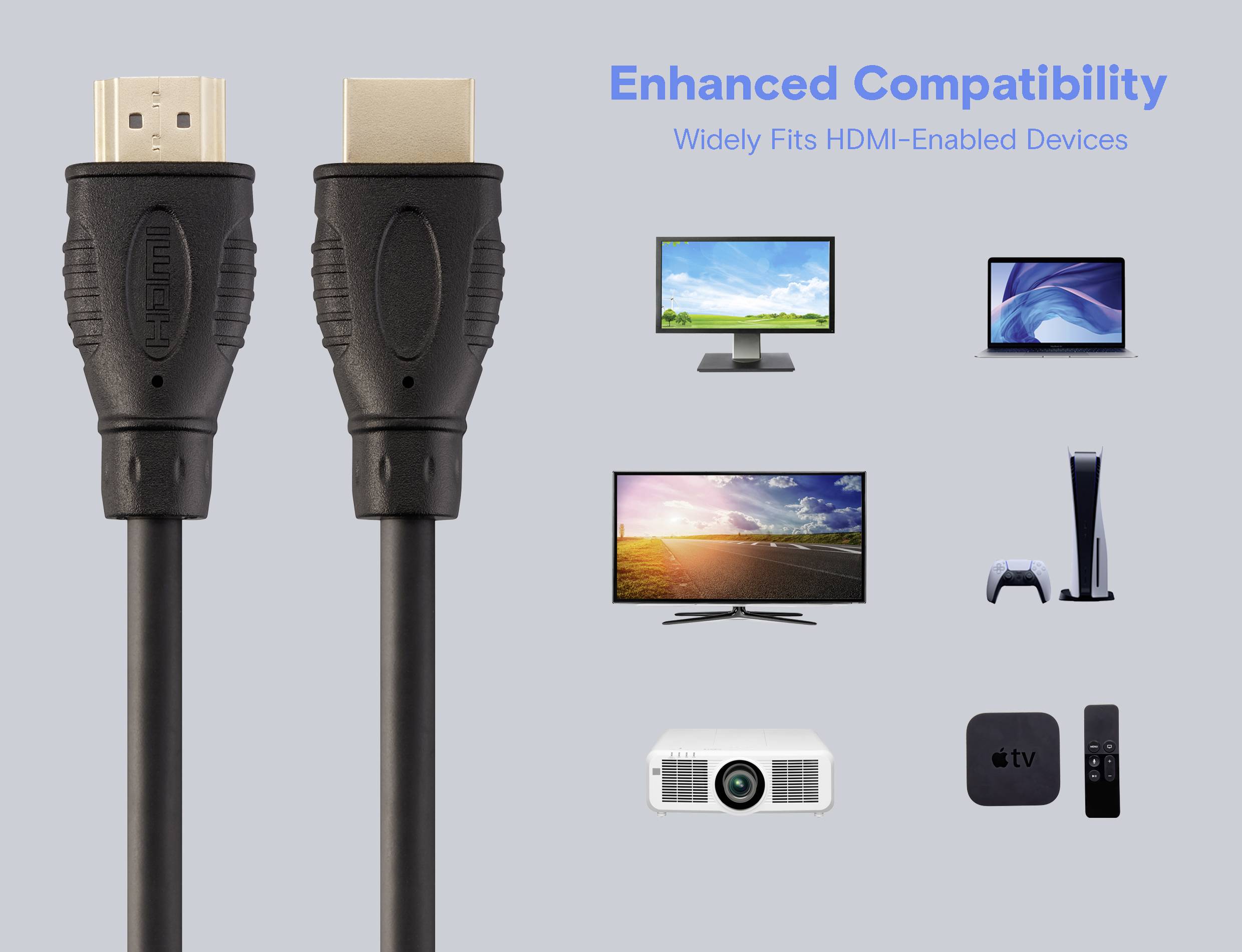 Schwarzes HDMI-Kabel mit Anschlüssen. Etikett liest: „Verbesserte Kompatibilität: Passt umfassend zu HDMI-fähigen Geräten.