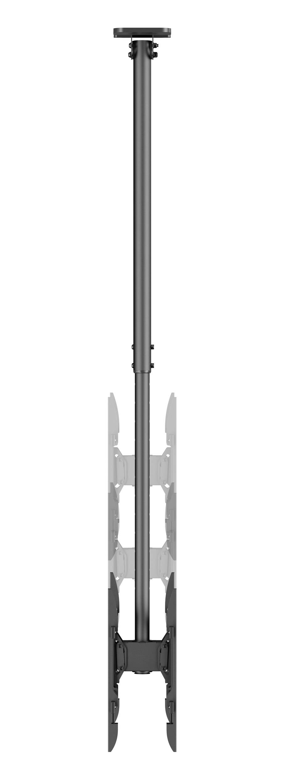 Eine lange, vertikale Metalldeckenhalterung oder -halterung mit verstellbaren Abschnitten, die dazu dient, Ausrüstung oder Displays zu unterstützen.