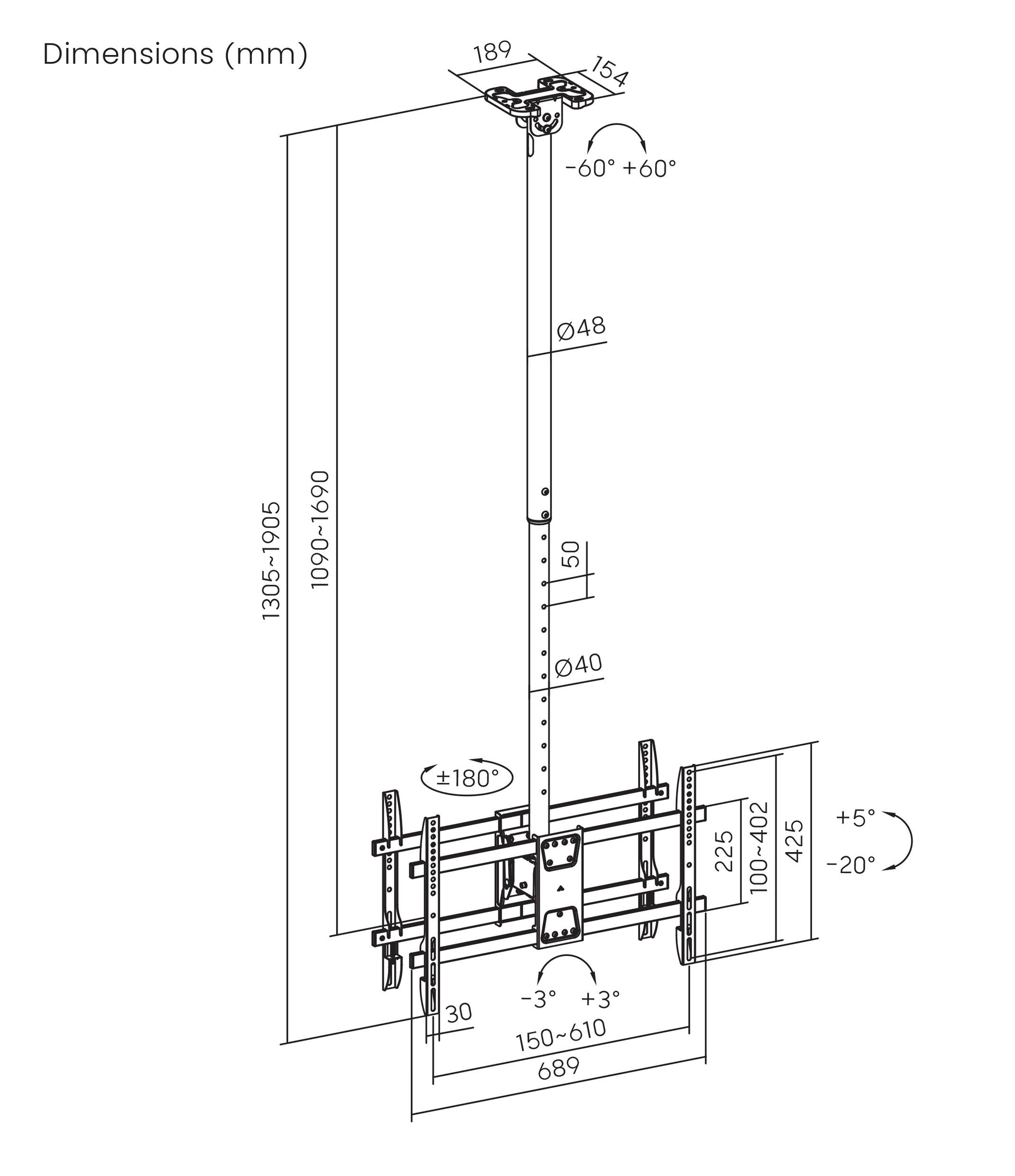 Diagramm der Abmessungen einer verstellbaren Wandhalterung in mm: Stange mit verstellbarer Höhe 1090-1690, Breite 689, Neigungswinkel ±60° horizontal, ±5-20° vertikal.
