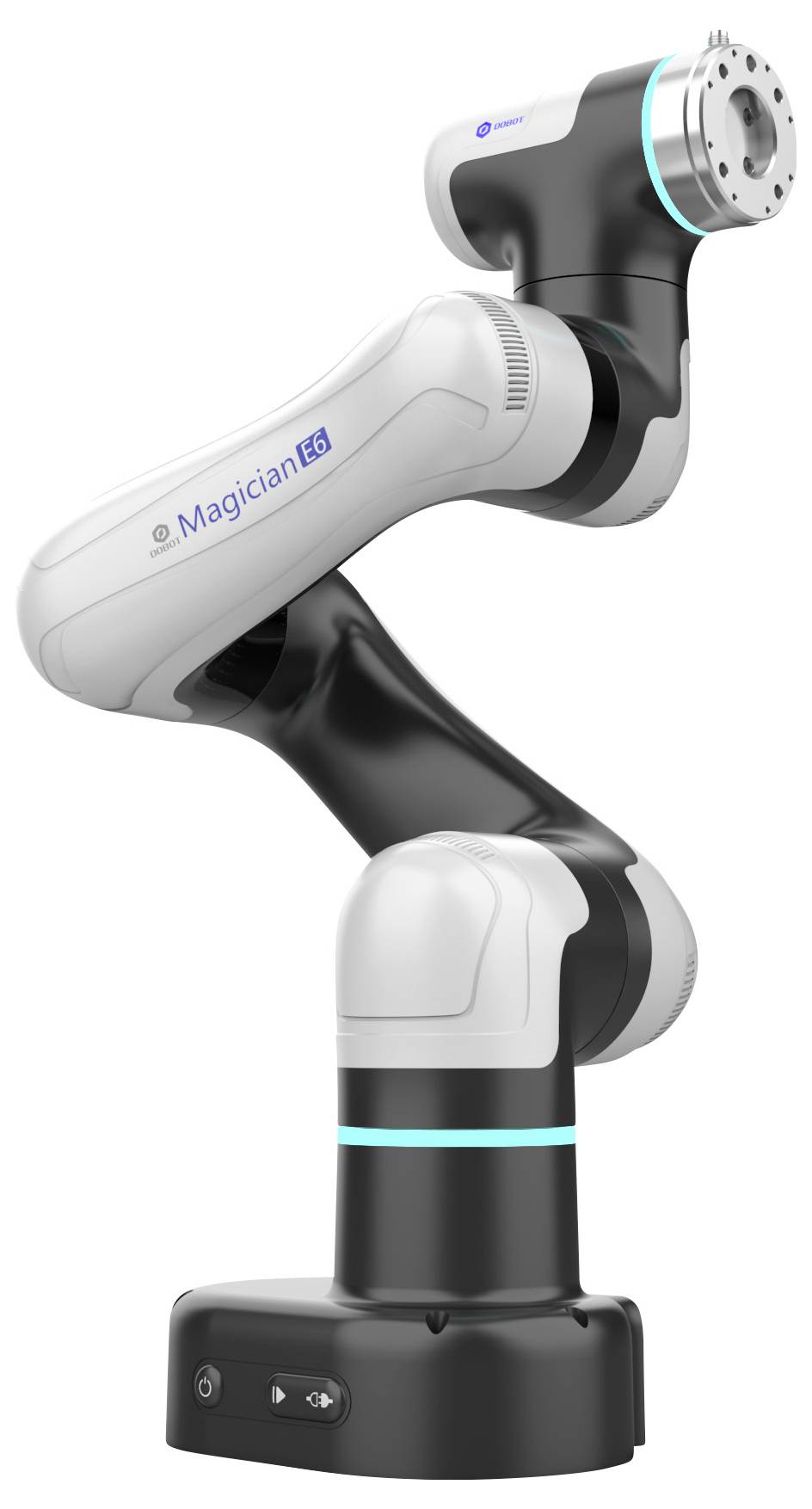 Ein schlanker, schwarz-weißer Robotearm mit der Bezeichnung ‚Magician', der seine glatten, geschwungenen Gelenke und das moderne Design präsentiert und fortschrittliche Technologie andeutet.