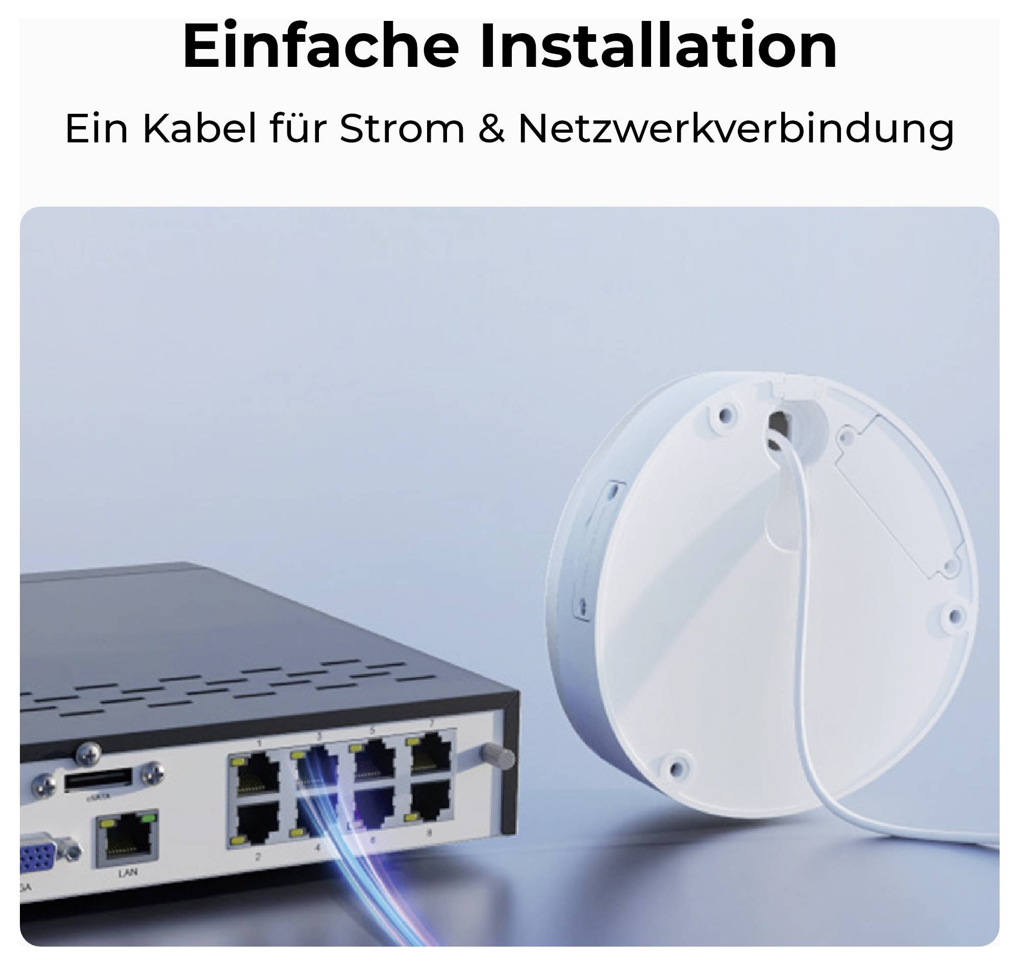 Rückansicht eines Netzwerkgeräts mit mehreren Anschlüssen und einem Kabel, das für Strom und Netzwerkverbindung angeschlossen ist. Deutsche Beschriftung oben liest: 'Einfache Installation – Ein Kabel für Strom & Netzwerkverbindung'.