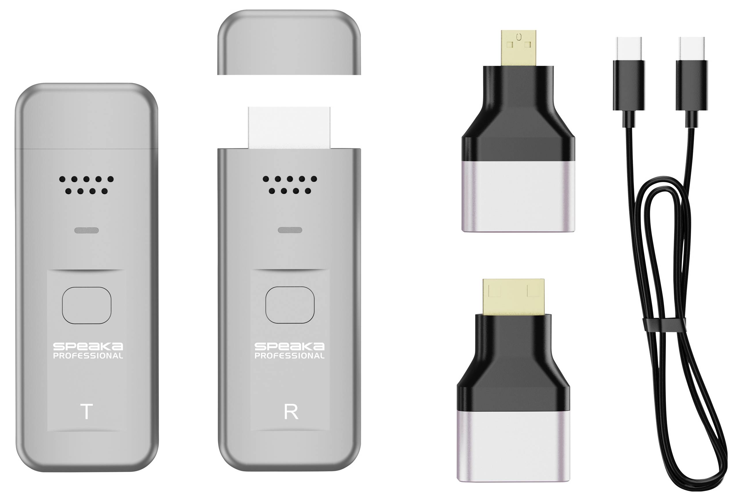 Drahtloses HDMI-Sender- und Empfänger-Set mit zwei USB-C-Adaptern und separatem USB-C zu USB-C Kabel, vor einem weißen Hintergrund dargestellt.