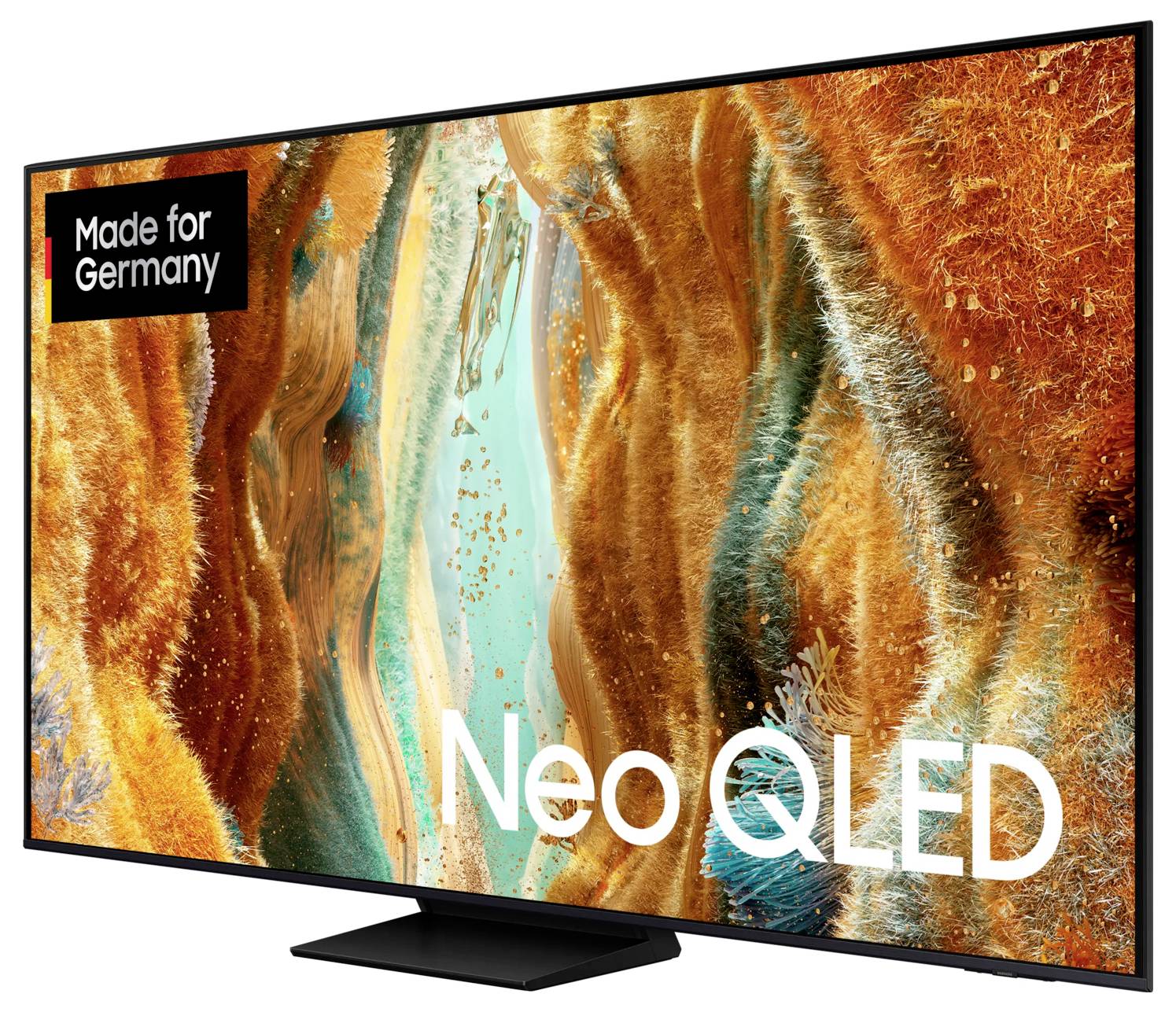 Ein Fernseher mit der Aufschrift 'Made for Germany' und 'Neo QLED', zeigt ein farbenfrohes, abstraktes Bild auf dem Bildschirm.