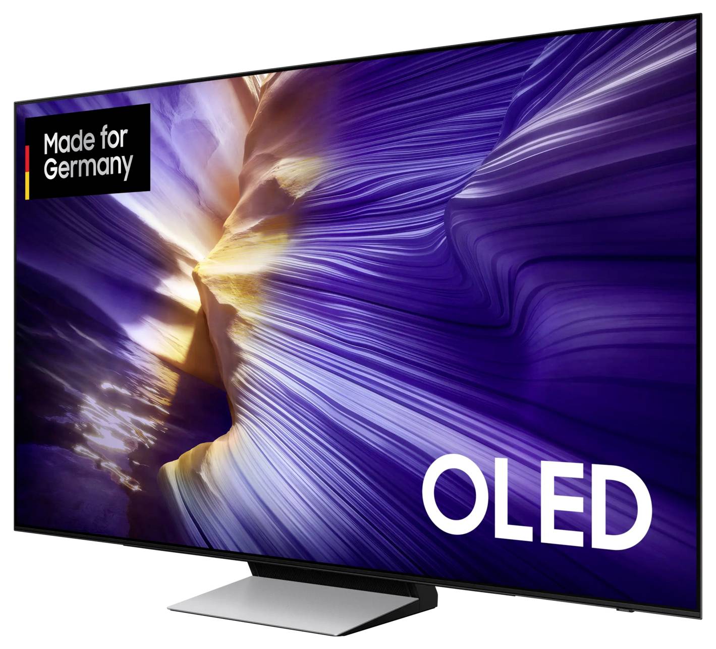 Ein OLED-Fernseher mit dem Text 'Made for Germany'. Lebhaftes, abstraktes Bild zeigt violette und goldene Farbwellen auf dem Bildschirm.