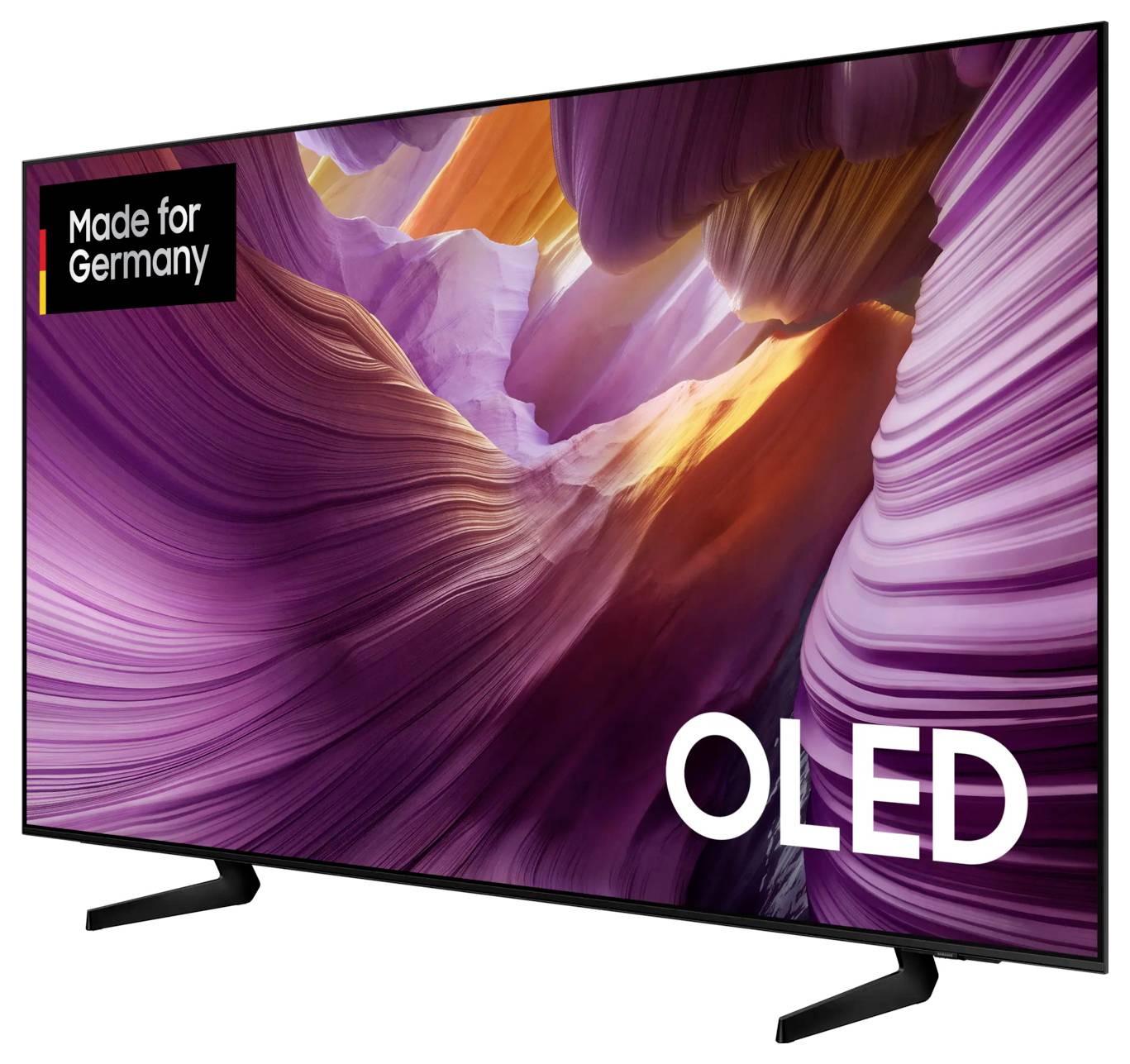 OLED-Fernseher mit lebendigen Farben auf dem Bildschirm, Label 'Made for Germany'. Der Bildschirm zeigt abstrakte, wellenförmige Formen.