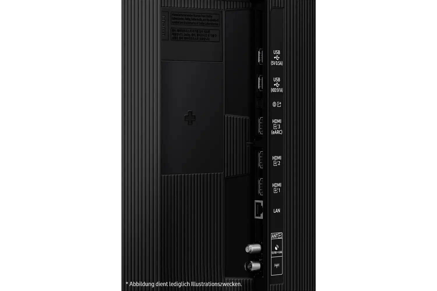 Rückansicht eines Monitors mit Bedienfeld und Anschlüssen, darunter HDMI, USB und LAN-Anschlüsse, sowie ein Stromanschluss.
