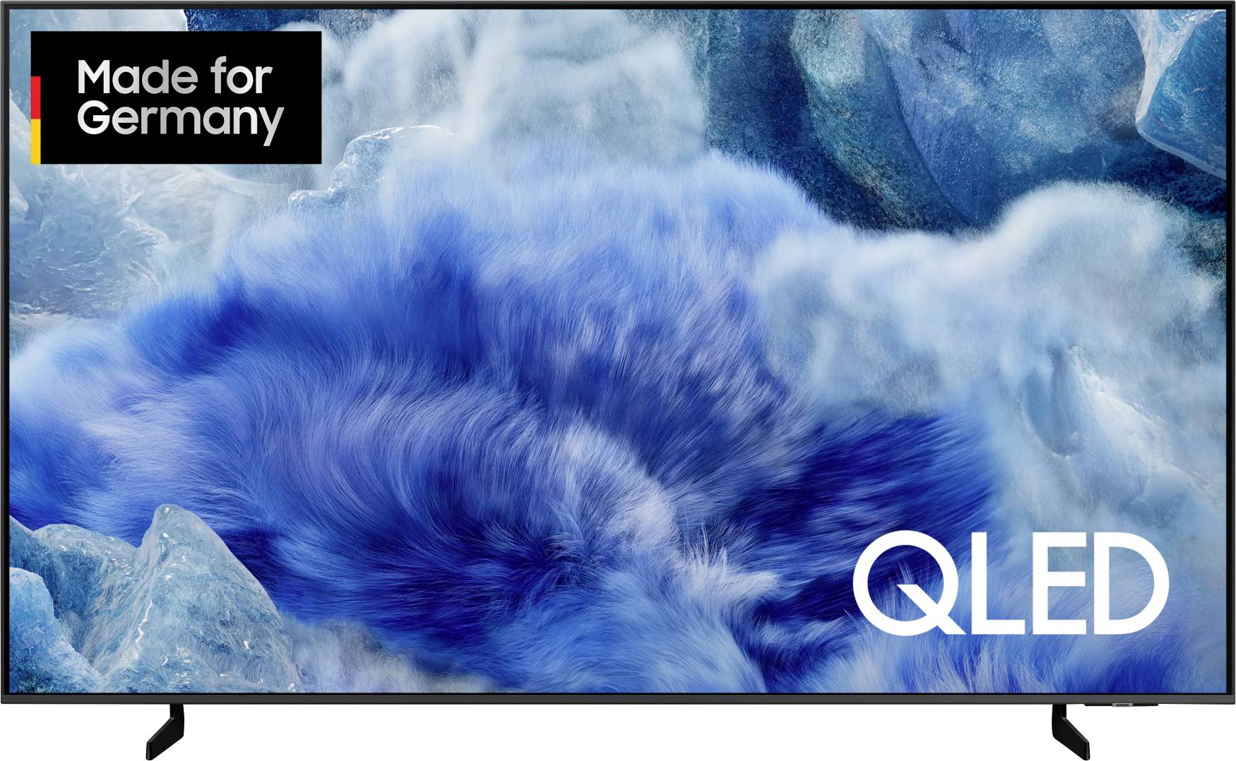 Ein QLED-Bildschirm zeigt ein abstraktes Blau- und Graues Muster, beschriftet mit 'Made for Germany'.