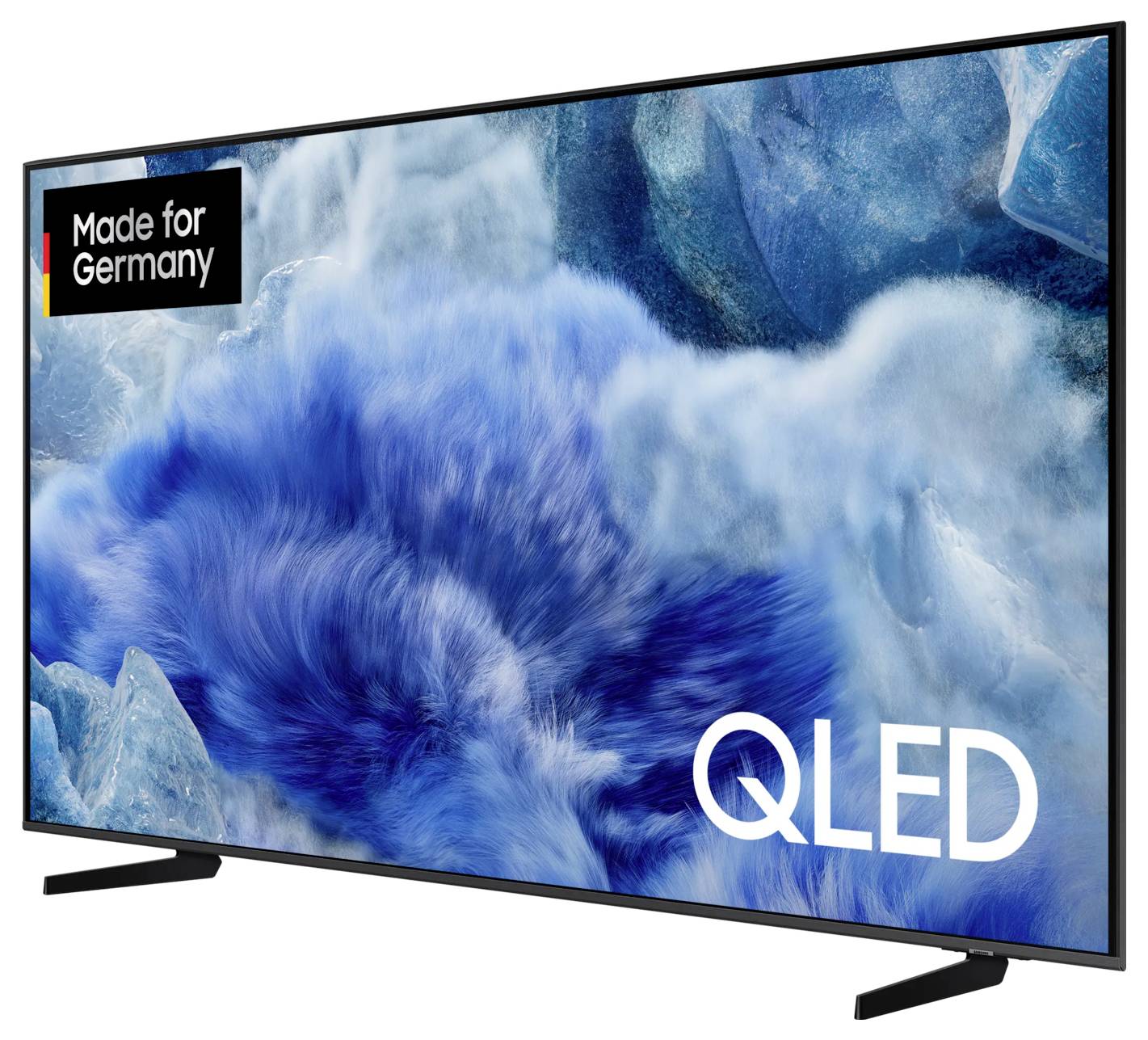 Flachbildfernseher mit blauem, abstraktem Hintergrund. Aufdruck: 'Made for Germany', 'QLED'. Modernes Design, großer Bildschirm.