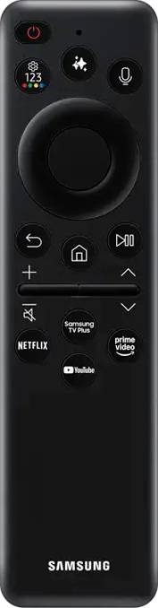 Schwarze Fernbedienung mit Tasten für: Power, Mikrofon, Navigation, Lautstärke, Senderwechsel, Netflix, Prime Video und Samsung TV Plus.