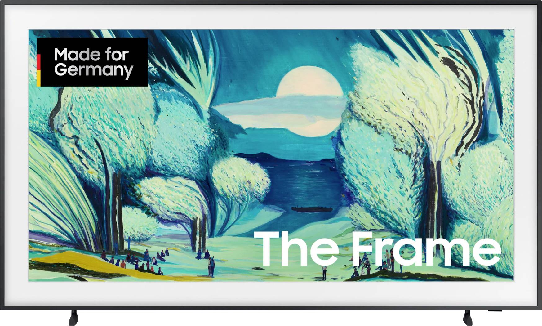 Gemälde eines Waldes bei Nacht mit Vollmond am Himmel. Text 'Made for Germany' in der Ecke und 'The Frame' am unteren Rand.