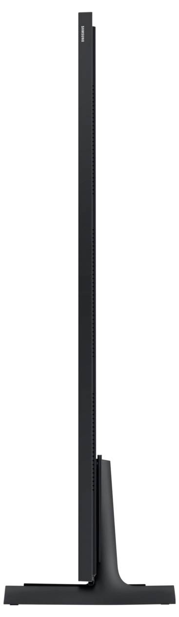 Seitenansicht eines modernen, schlanken Monitors mit schwarzem Rand auf einem stabilen Standfuß.