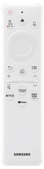Eine weiße Fernbedienung mit Tasten für Strom, Sprachsteuerung, Lautstärke, Streaming-Dienste 'Netflix', 'Prime Video', 'YouTube'.
