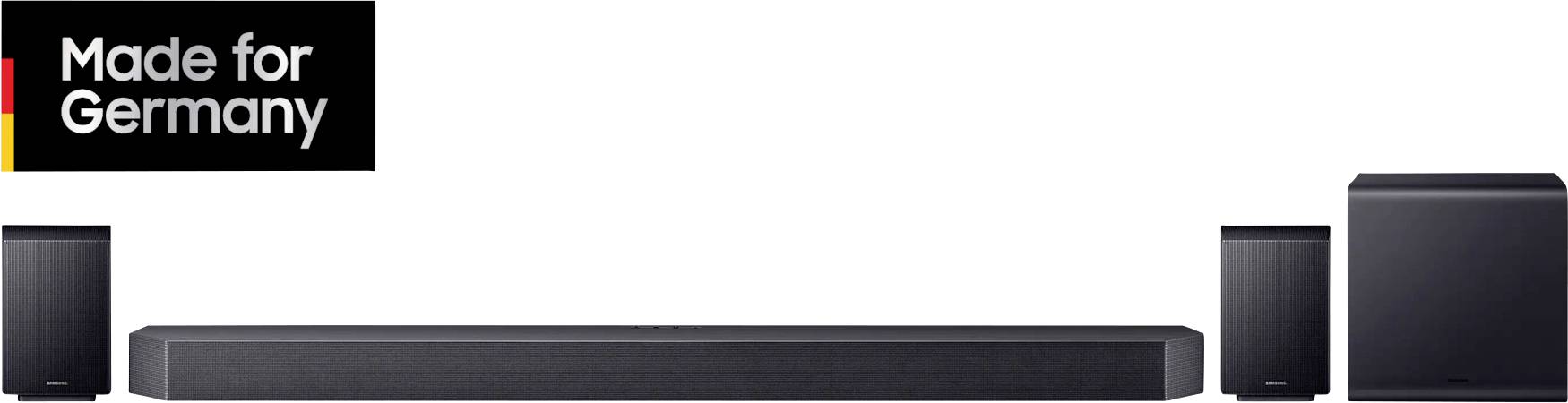 Soundbar-System mit zwei Lautsprechern und Subwoofer. Aufschrift 'Made for Germany' in der Ecke.