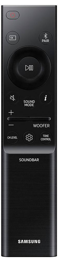 Schwarze Fernbedienung mit Tasten für Power, Pairing, Soundmodus, Lautstärkeregelung, Woofer-Einstellung und Klangsteuerung, beschriftet mit 'SOUNDBAR' und 'SAMSUNG'.
