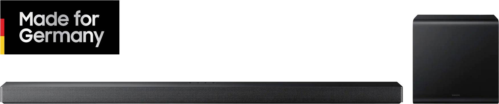 Schwarze Soundbar und Subwoofer. Oben links ein Logo mit der Aufschrift 'Made for Germany' in Schwarz, Rot, Gelb.