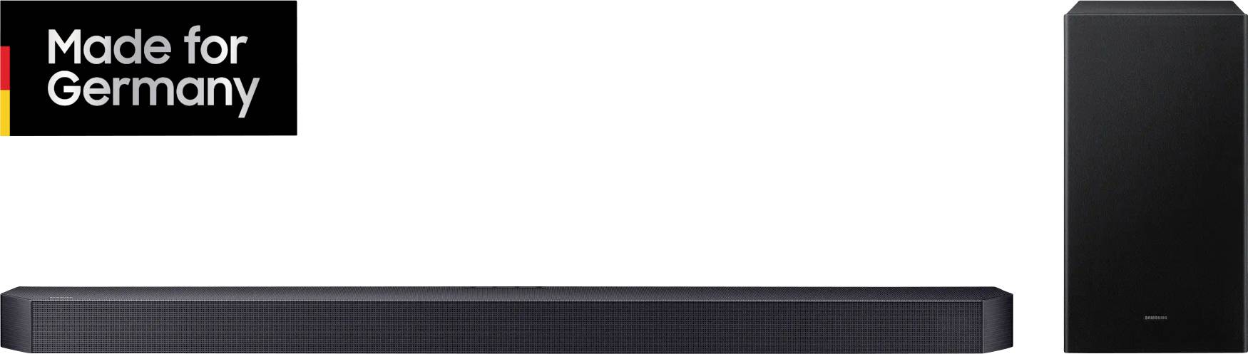 Soundbar mit Subwoofer, schwarzes Design; neben dem Logo 'Made for Germany'.