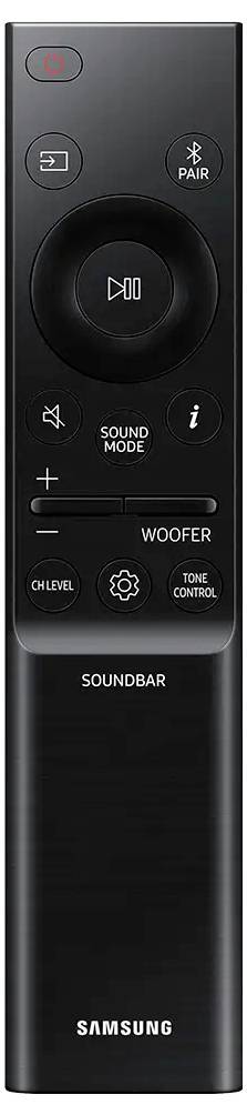 Schwarze Fernbedienung für eine Samsung Soundbar mit Tasten für Lautstärke, Tonmodus, Stummschaltung und Verbindungseinstellungen.