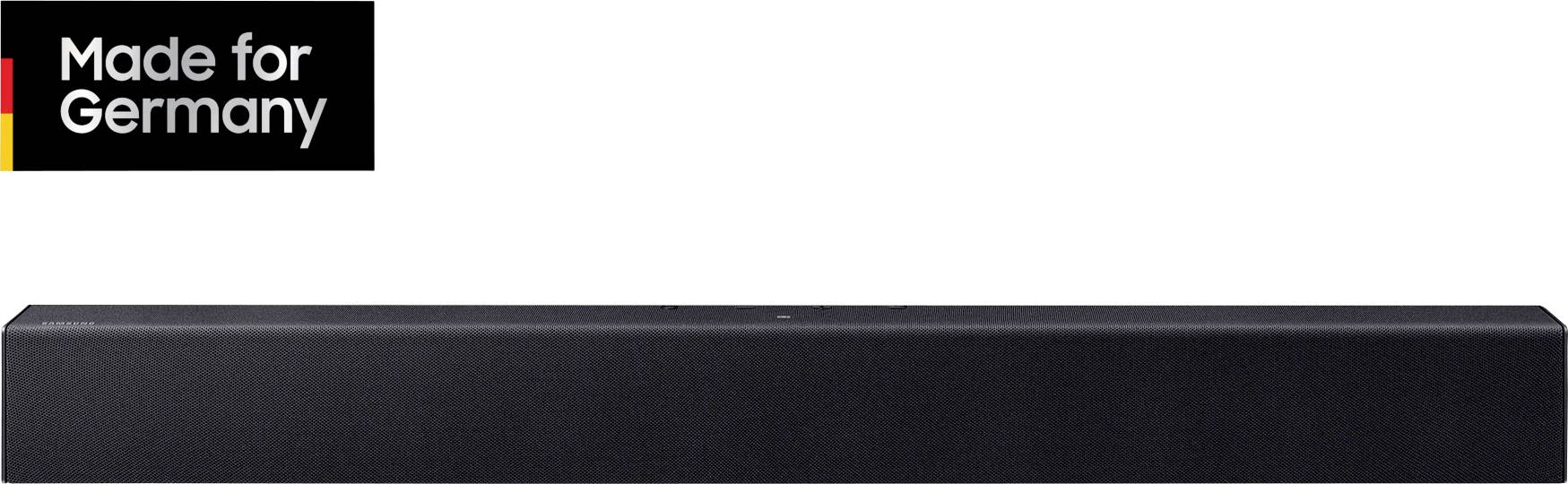 Schwarze Soundbar mit dem Schriftzug 'Made for Germany' und Deutschland-Farbbalken oben links.