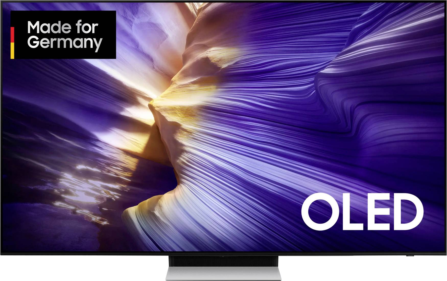 OLED-Fernseher zeigt farbenfrohes abstraktes Bild mit blau-violetten und gelben Wellen. Oben links 'Made for Germany'-Label.
