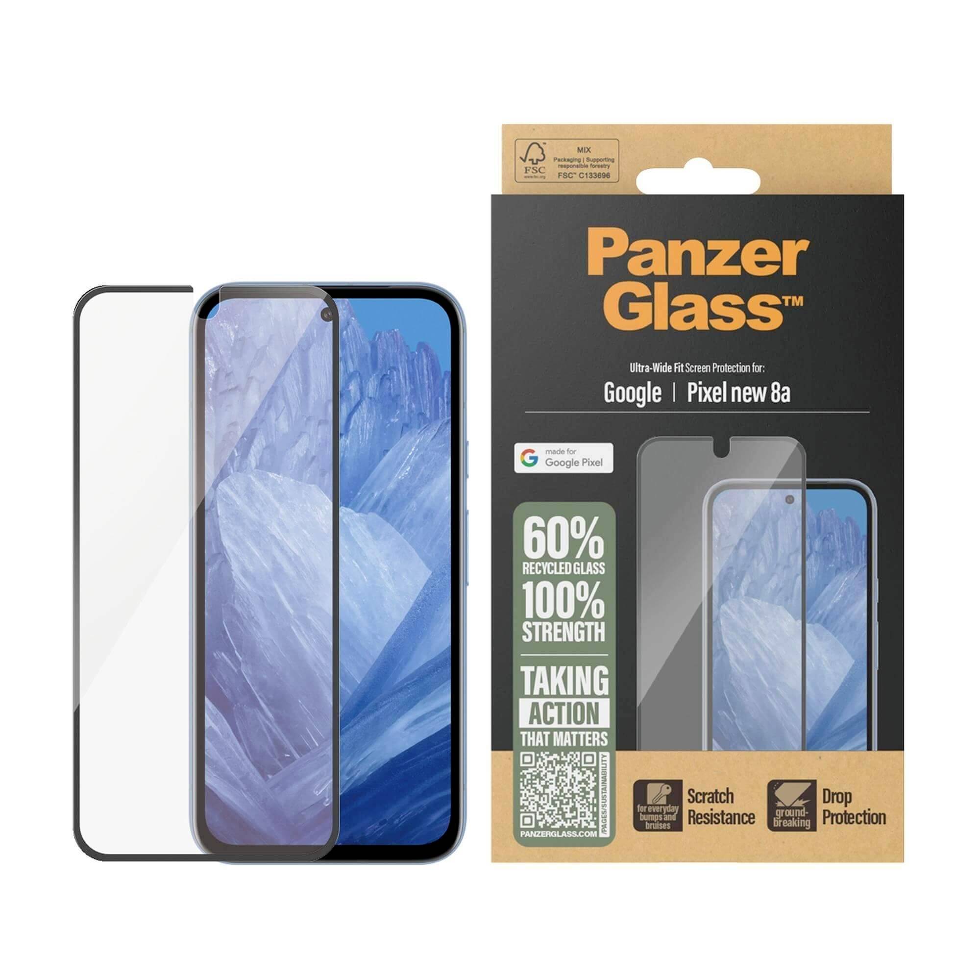 Zwei Displayschutzfolien für Google Pixel 8a mit Verpackung, die 60 % recyceltes Glas, Kratzfestigkeit und Fallschutz hervorhebt.
