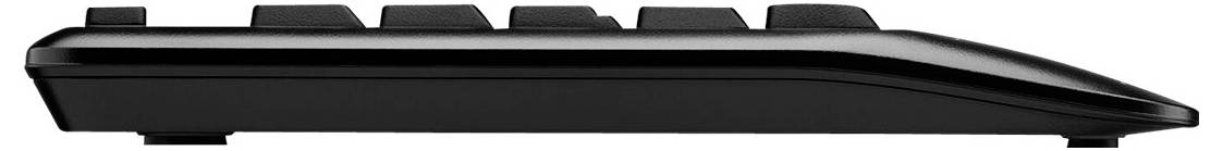 Seitenansicht einer schwarzen Tastatur, die den geneigten Profil und die erhöhten Tasten zeigt.