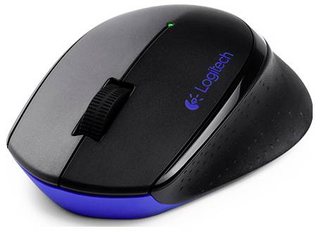 Drahtlose Logitech-Maus mit ergonomischem Design und blauen Akzenten, ausgestattet mit einem Scrollrad und einer kleinen grünen Power-Kontrollleuchte.