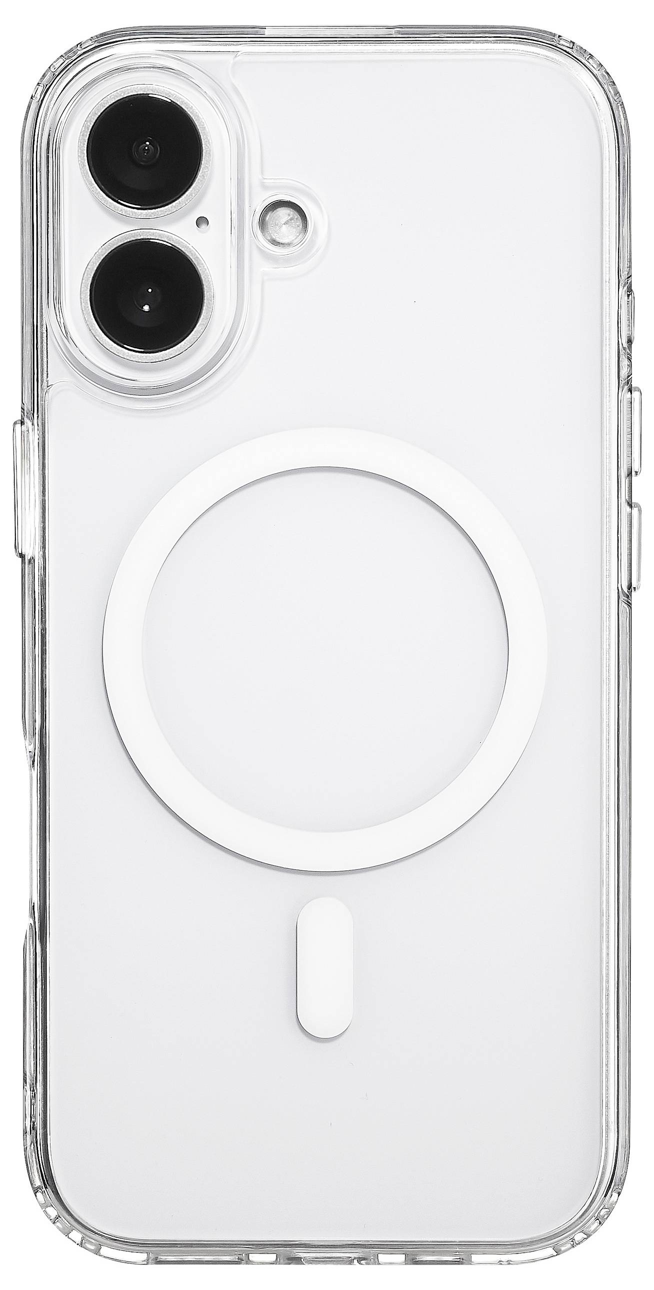 Ein Smartphone mit einer Dual-Objektiv-Kamera und einer transparenten Schutzhülle, auf deren Rückseite ein kreisförmiges magnetisches Ladungsymbol zu sehen ist.