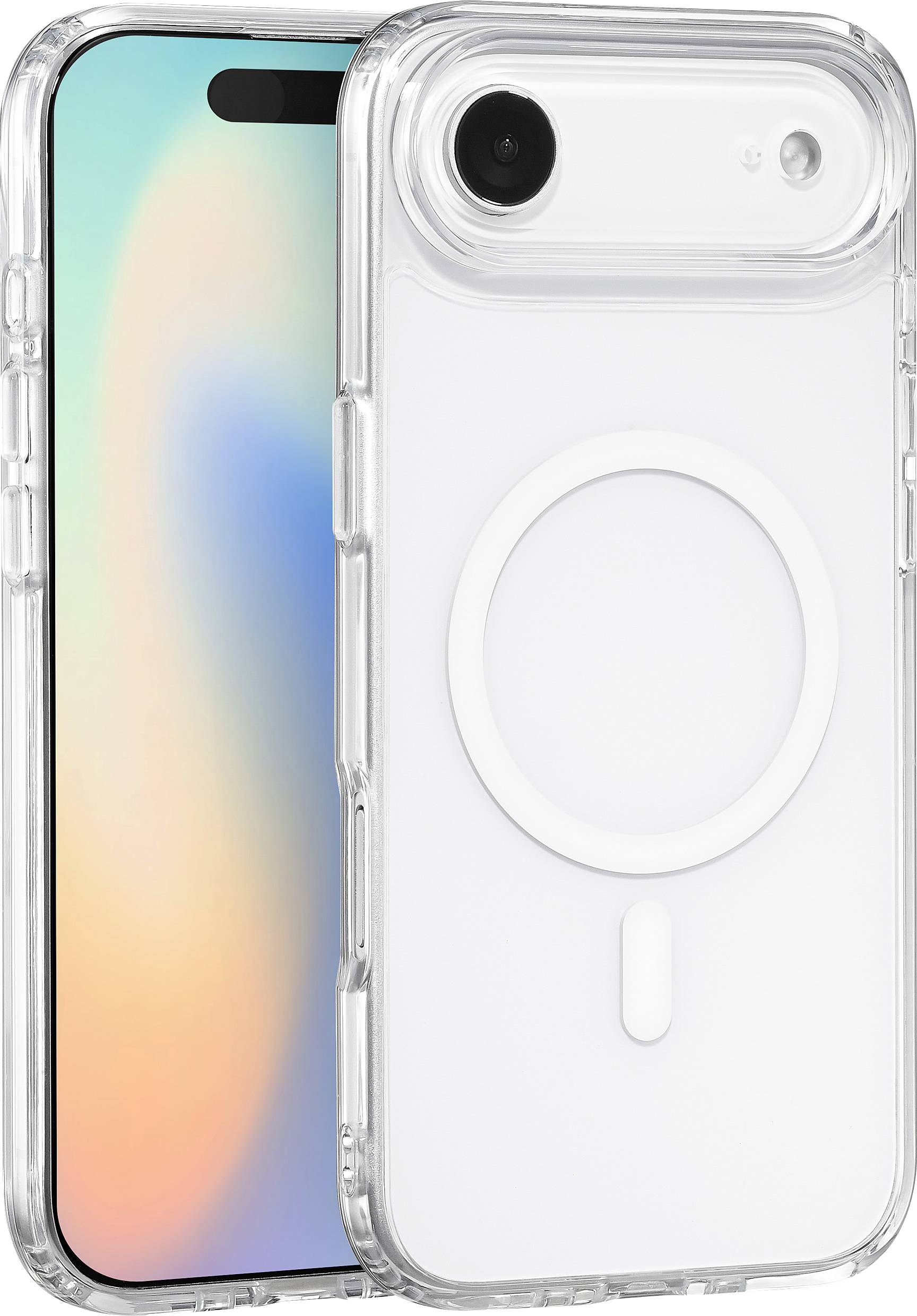 Zwei Smartphones in transparenten Hüllen, die sowohl die Vorderseite mit Display als auch die Rückkamera präsentieren. Das Rückenteil der Hülle zeigt ein kreisförmiges Ladesiegel.