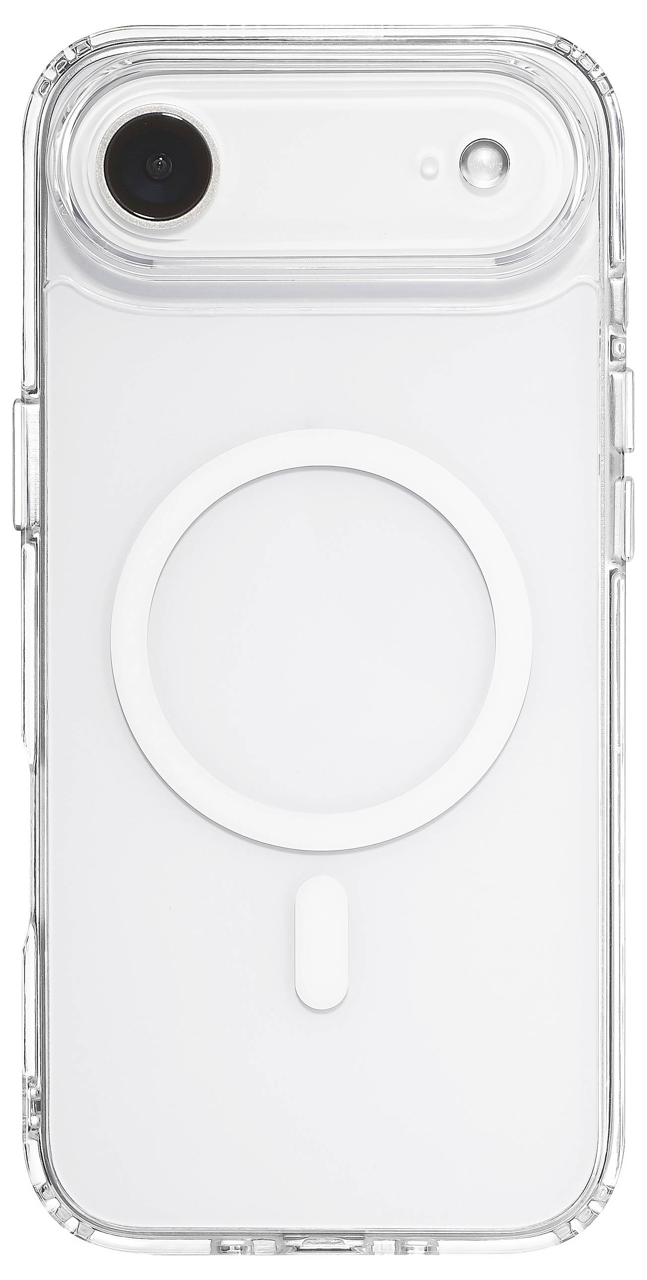 Eine transparente Handyhülle mit einem kreisförmigen Design auf der Rückseite, kompatibel mit MagSafe-Technologie, entwickelt für ein iPhone-Modell.