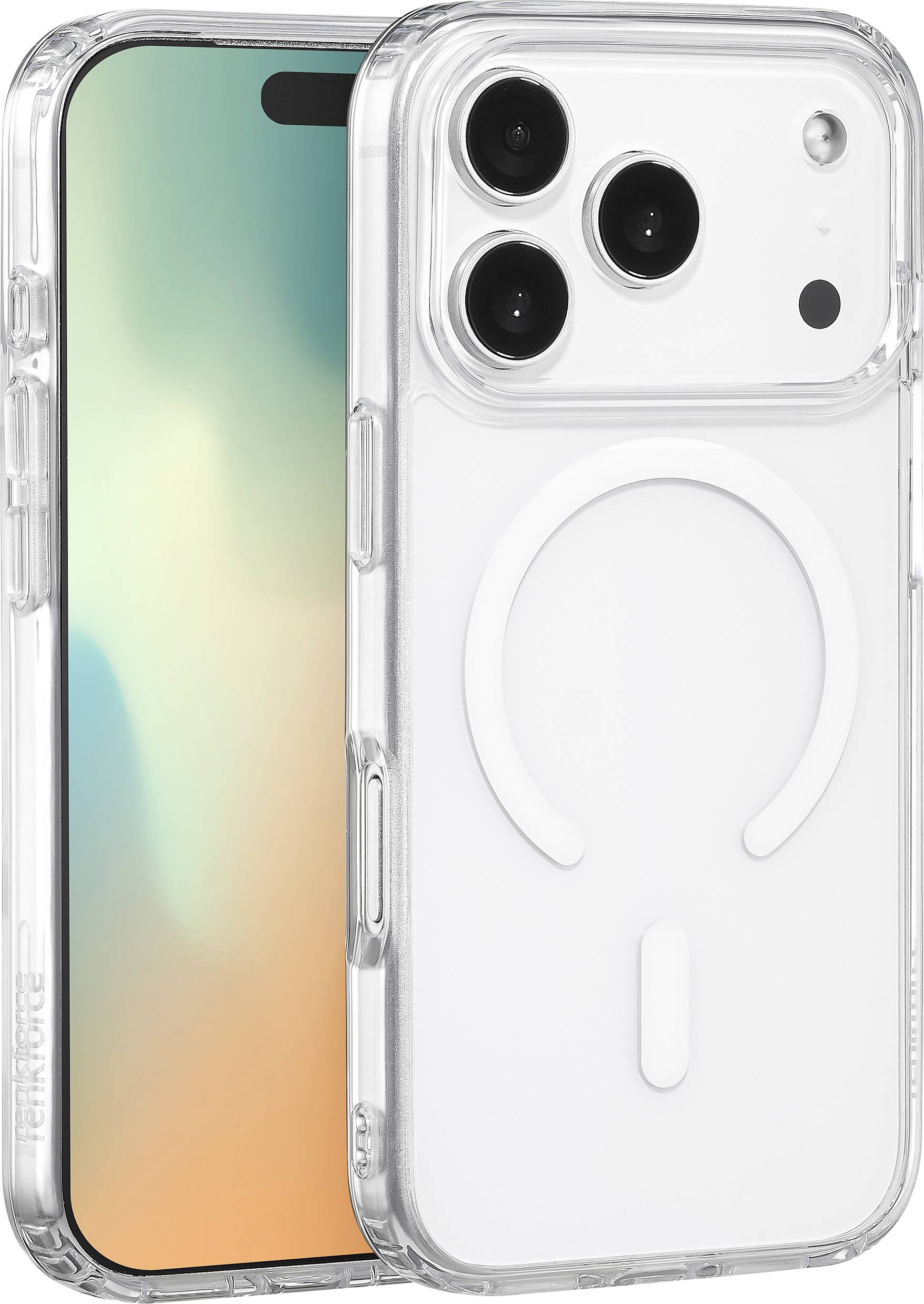 Ein Smartphone mit einer durchsichtigen Schutzhülle, die drei Kameraobjektive auf der Rückseite und ein MagSafe-Ringdesign aufweist.