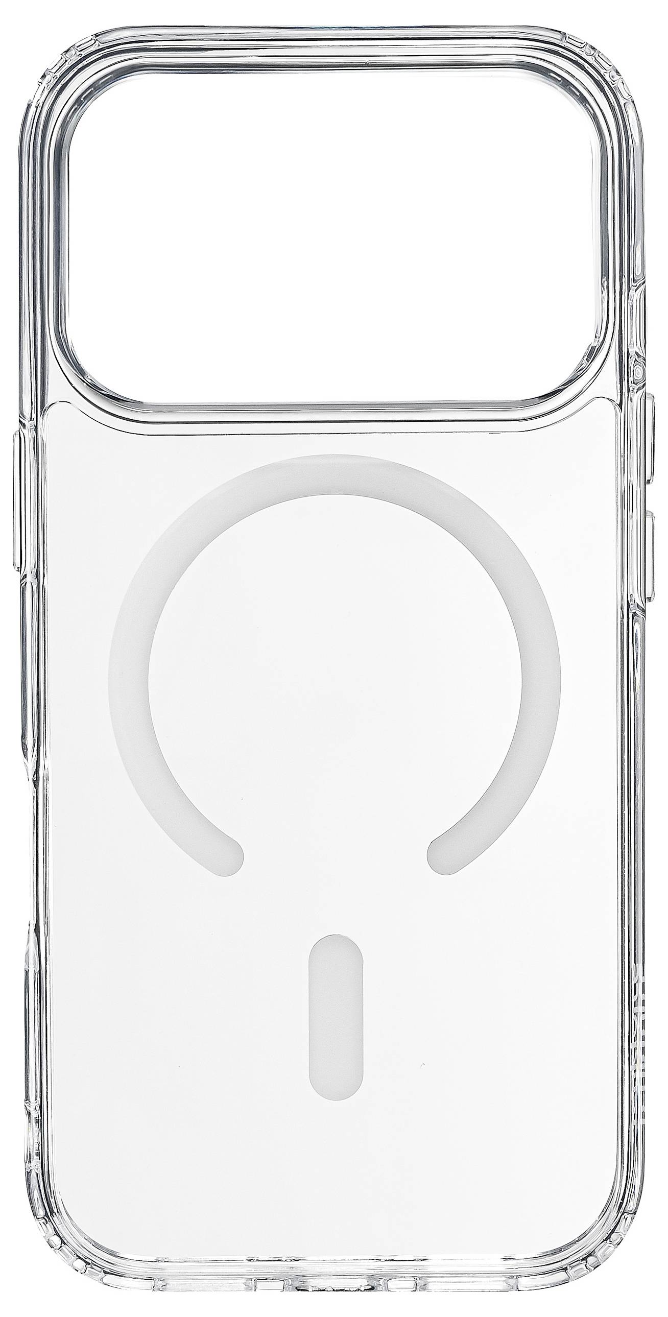 Eine transparente Handyhülle mit einem kreisförmigen MagSafe-Design auf der Rückseite.