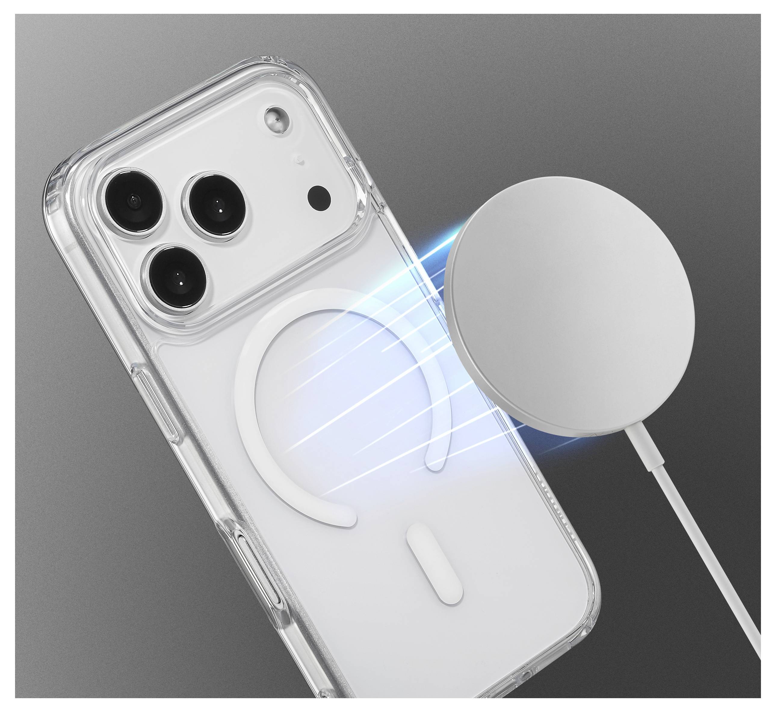 Ein Telefon mit einer transparenten Hülle zeigt einen kreisförmigen Magneten auf der Rückseite. Ein magnetisches Ladegerät ist in der Nähe positioniert und deutet auf eine Verbindungsmöglichkeit hin.
