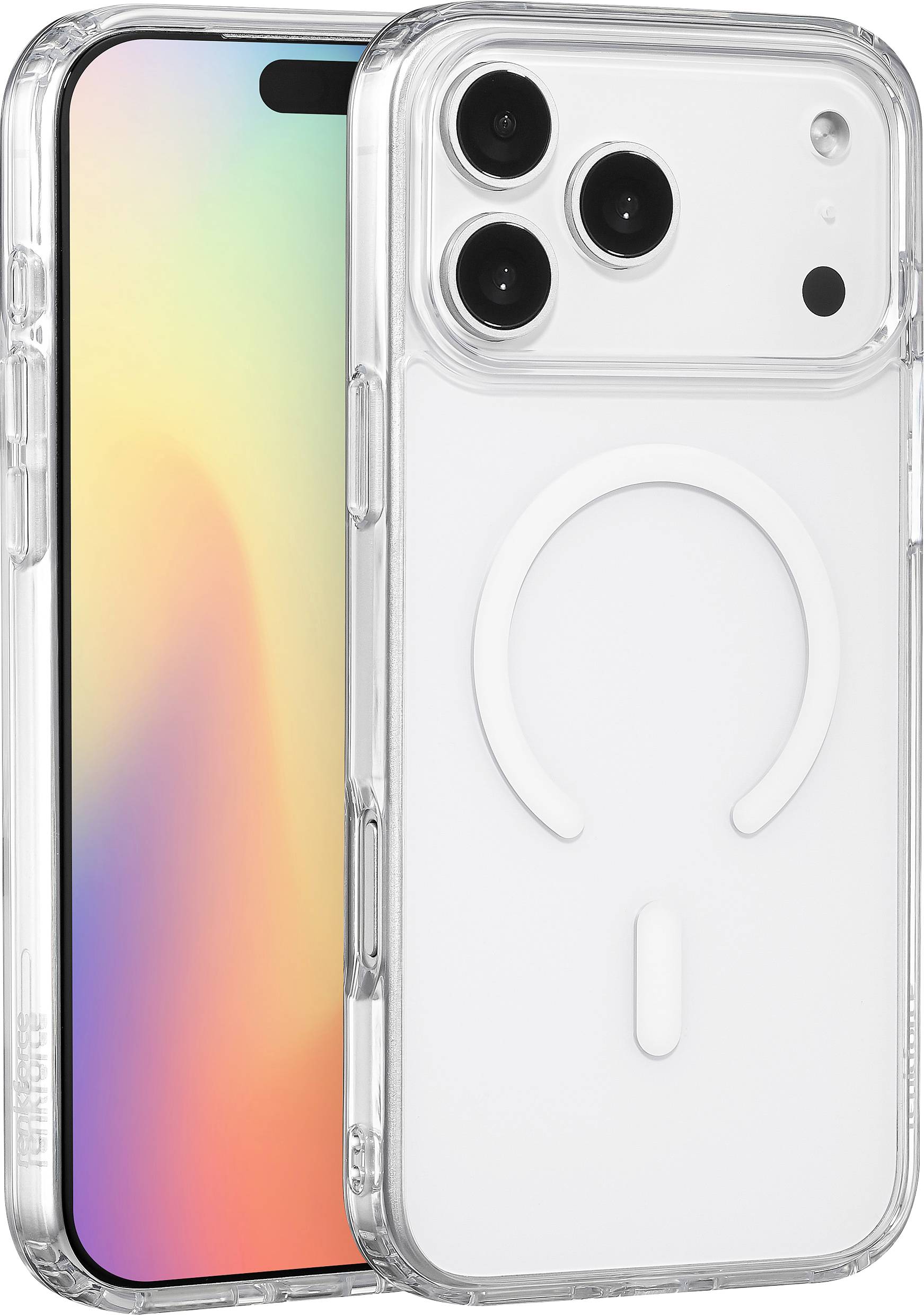 Ein Smartphone mit einem Regenbogen-Verlaufsbildschirm und einem durchsichtigen Schutzgehäuse mit einem kreisförmigen Design auf der Rückseite.