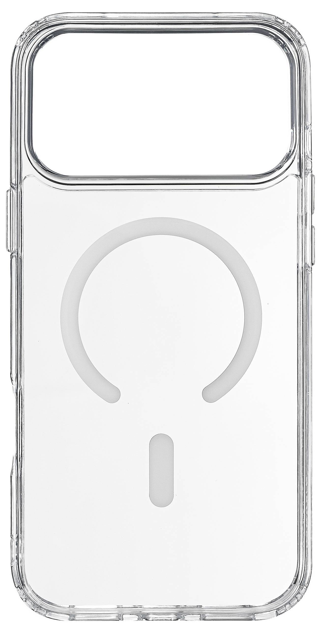 Transparente Handyhülle mit integrierter MagSafe-Technologie und kreisförmigem magnetischem Ausrichtungsmuster auf der Rückseite für Zubehöranbringung.