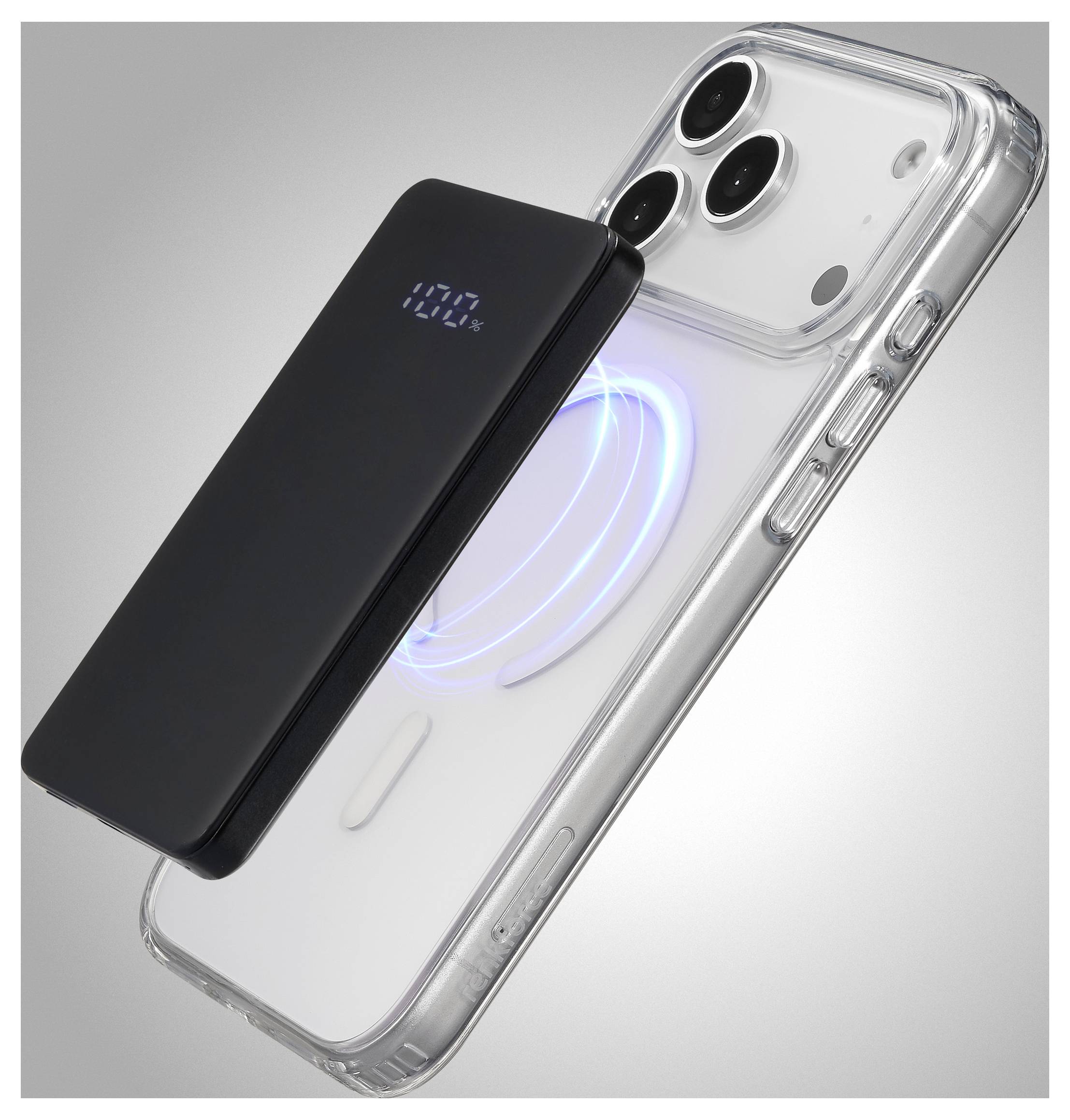 Ein Smartphone mit transparenter Rückseite, die Innenkomponenten zeigt, einschließlich eines Drahtlos-Ladeanzegers.